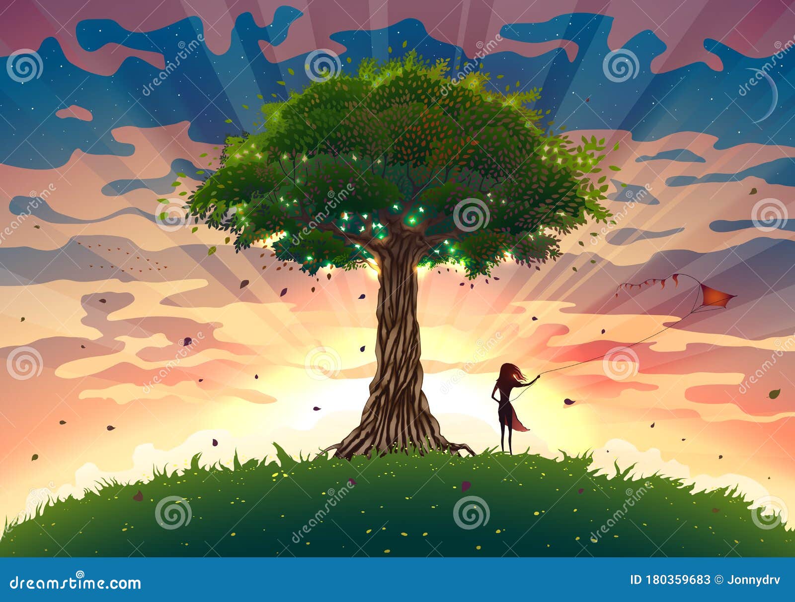 幻想的夕阳景观 树和女孩放风筝 夏日的日出图画 光束 美丽的天空向量例证 插画包括有天空 绿色