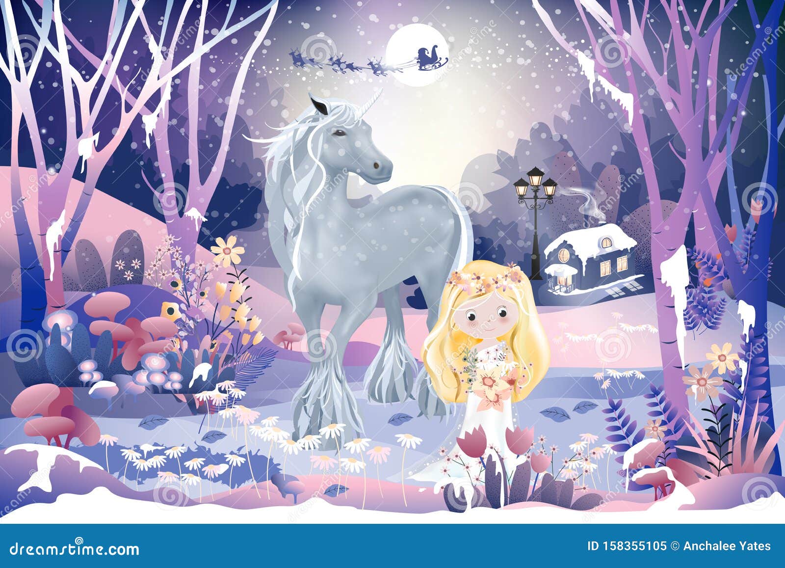 幻想的魔法森林风景 童话小屋 小公主 角兽和圣诞老人雪橇驯鹿飞过向量例证 插画包括有