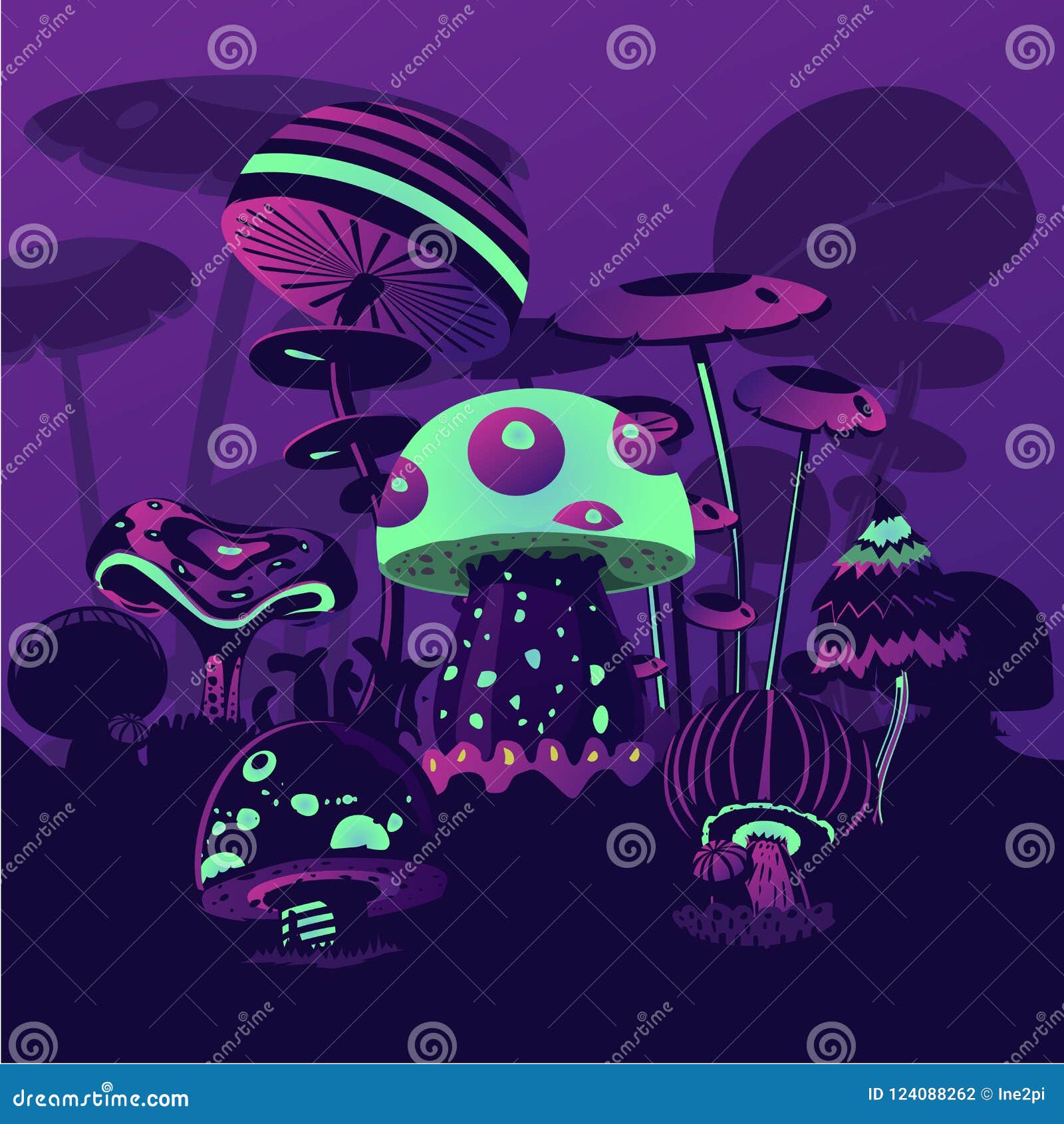幻想背景用霓虹蘑菇魔术横向计算机游戏概念向量例证 插画包括有光亮 黑暗 环境 五颜六色