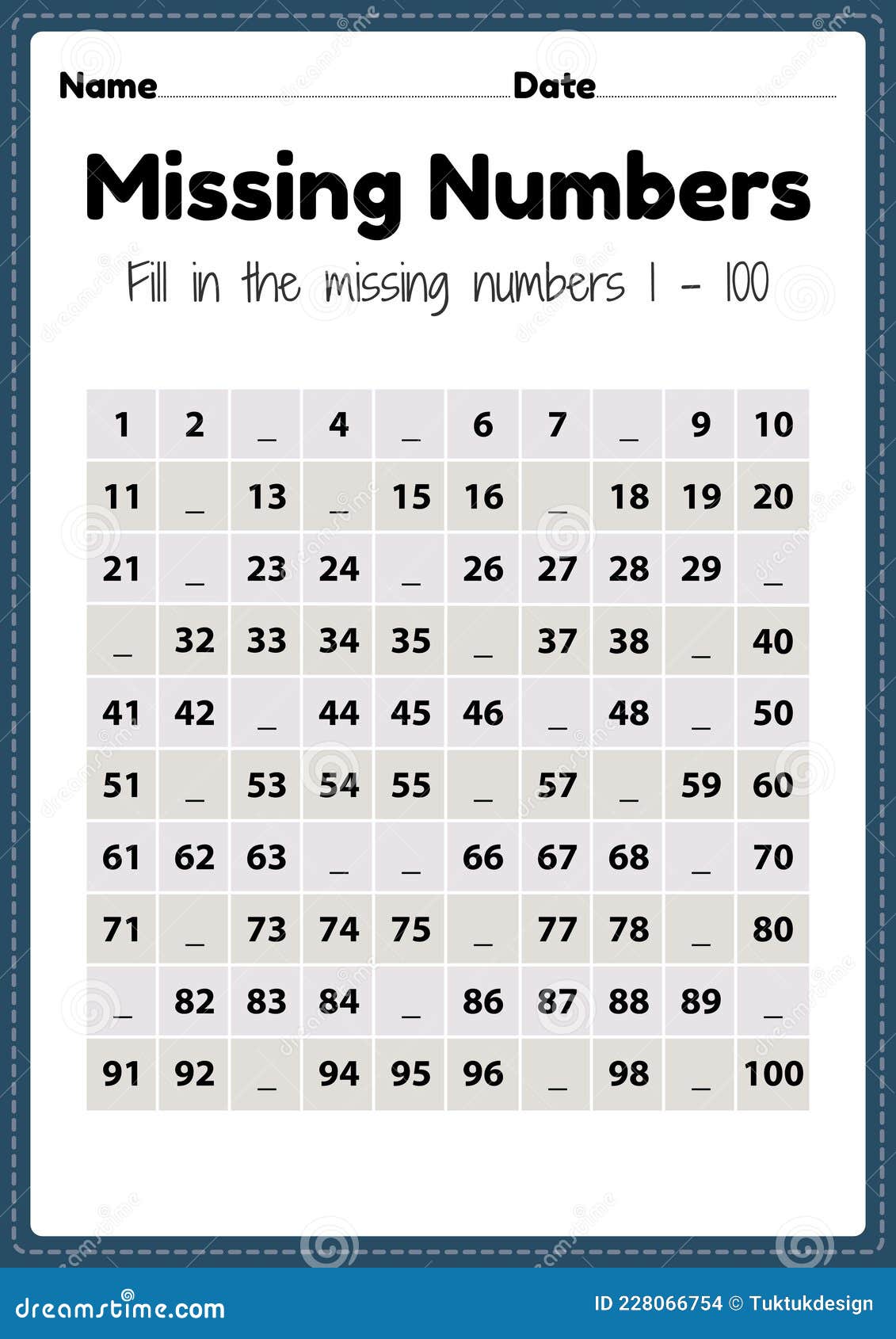 幼儿园缺少数字1至100的可打印的学前和幼儿园儿童活动学习基本知识的数学工作表向量例证 插画包括有执行 苗圃