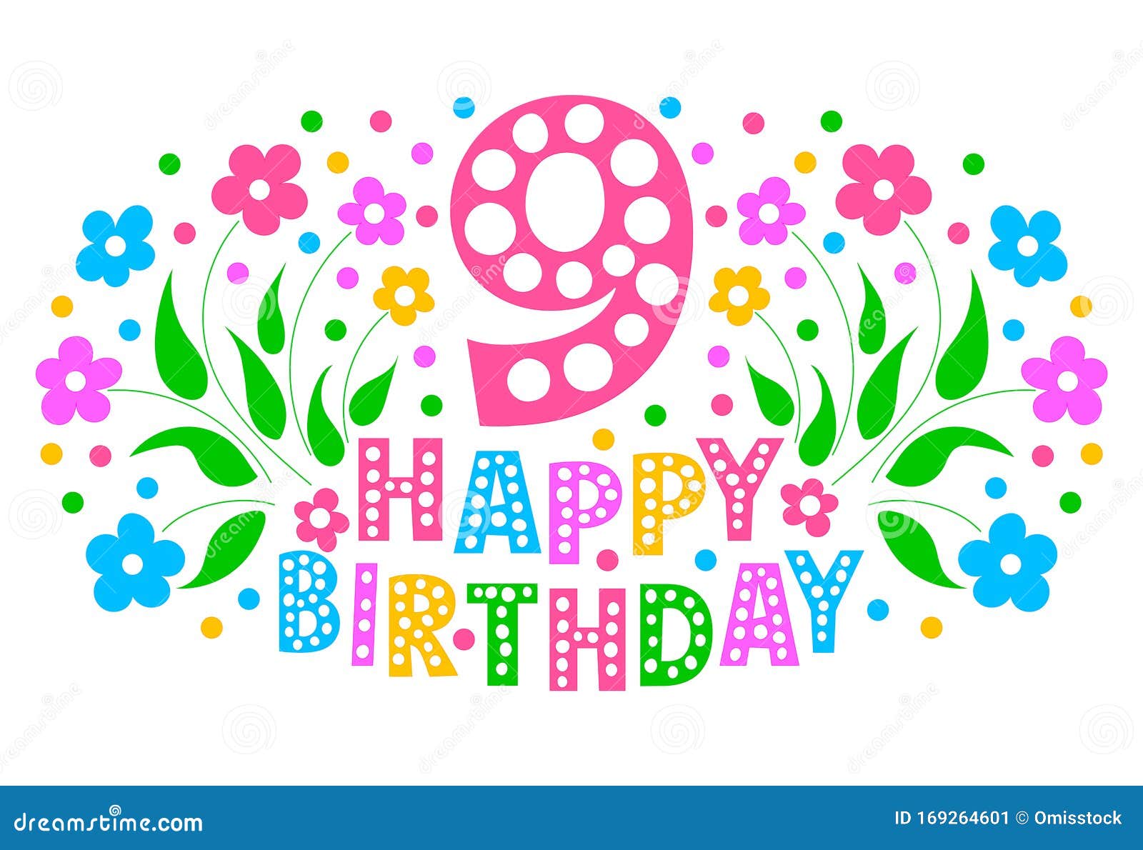 庆祝贺卡9周年小女孩生日贺卡彩色文字 花和纸屑向量例证 插画包括有愉快 生日 庆祝 活动