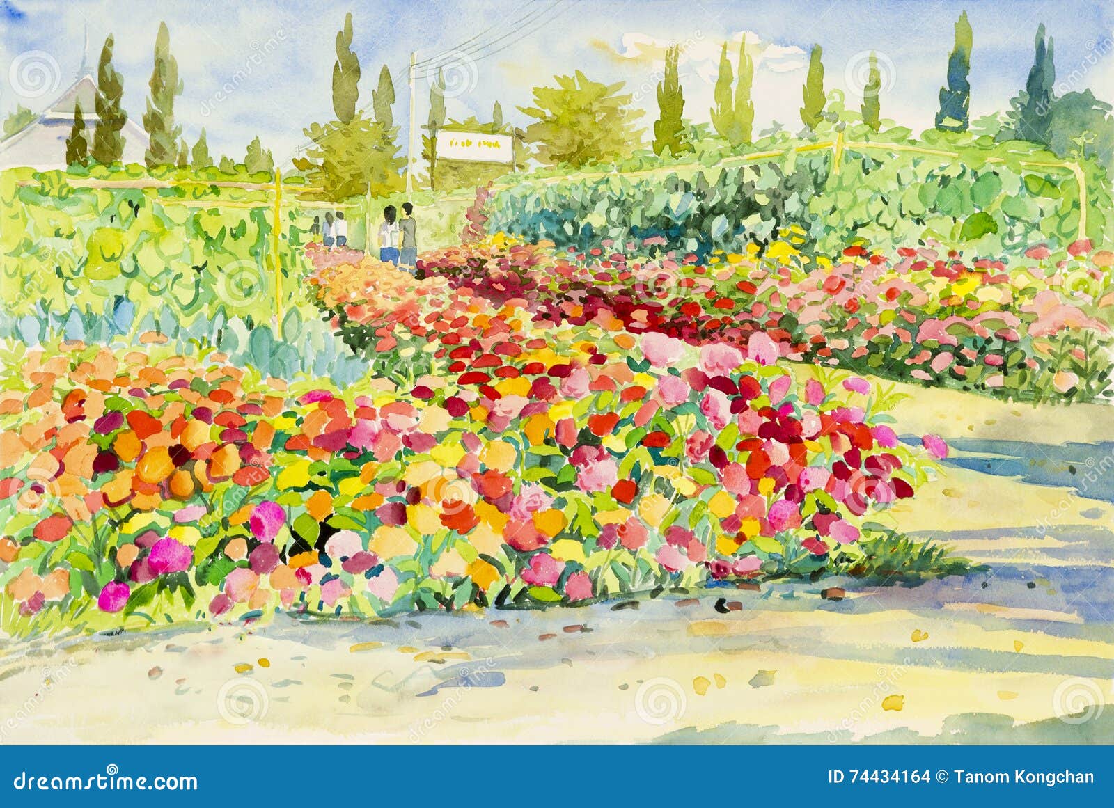 水彩风景原始的绘画五颜六色花园库存例证 插画包括有