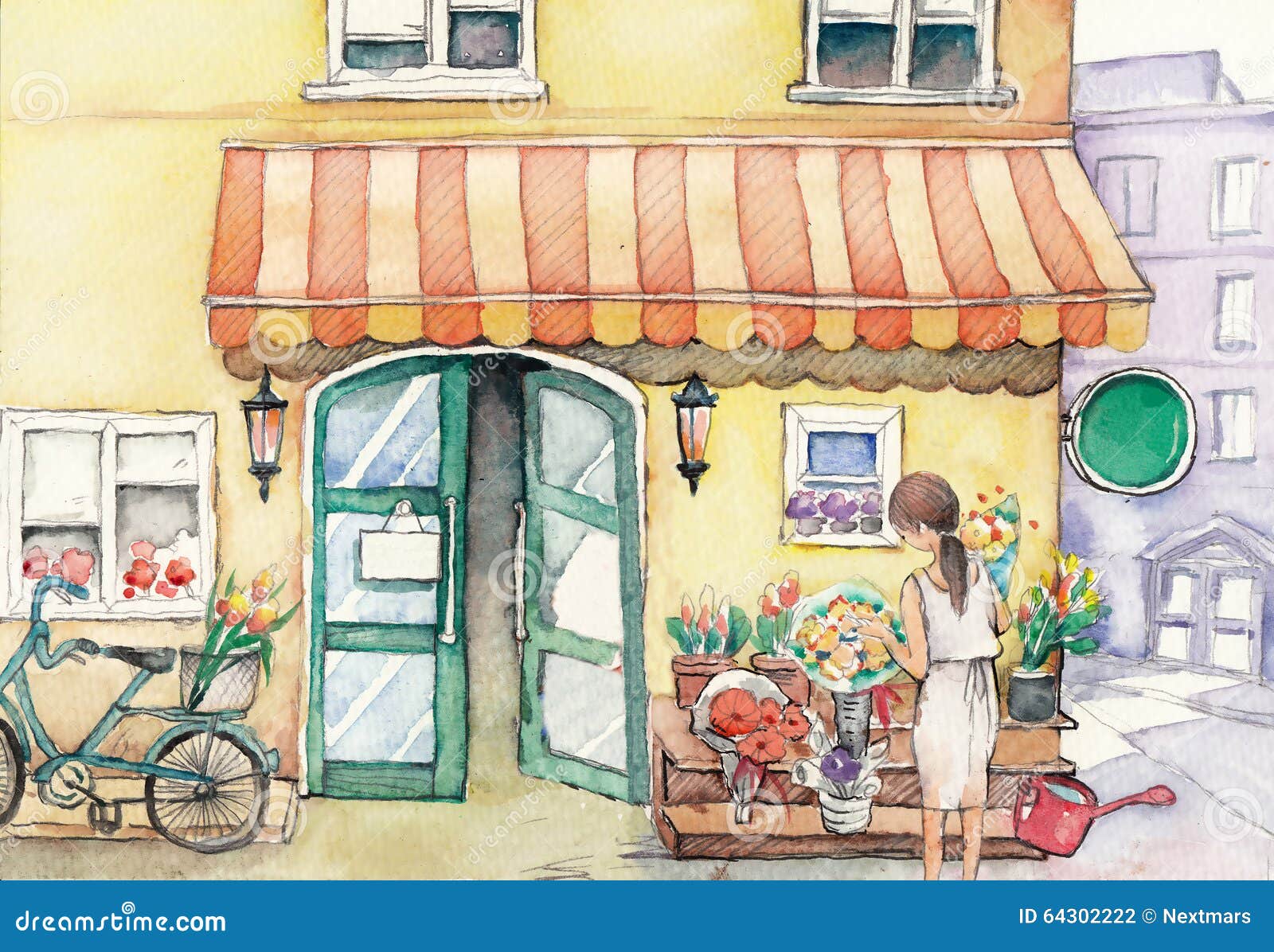 水彩高定义例证 街道与女店员的花店库存例证 插画包括有