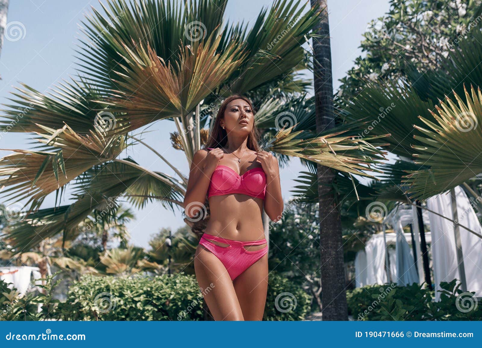 性感亚洲海滩模特女美女在泰国热带旅行假期展示体型柔和的腹肌和纤薄的  image