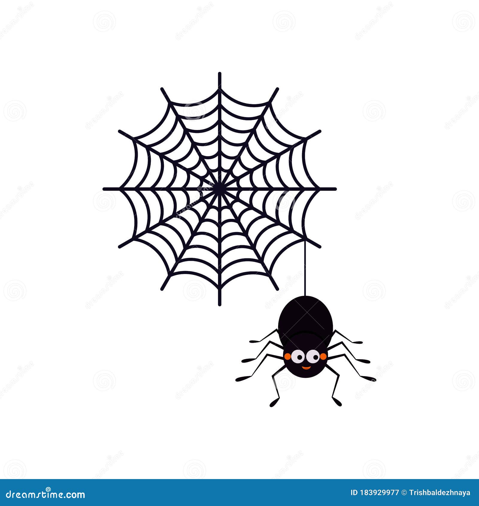 悬在一串蛛网上的可爱笑脸黑蜘蛛 白色背景上的蜘蛛网图标向量例证 插画包括有动画片 愉快