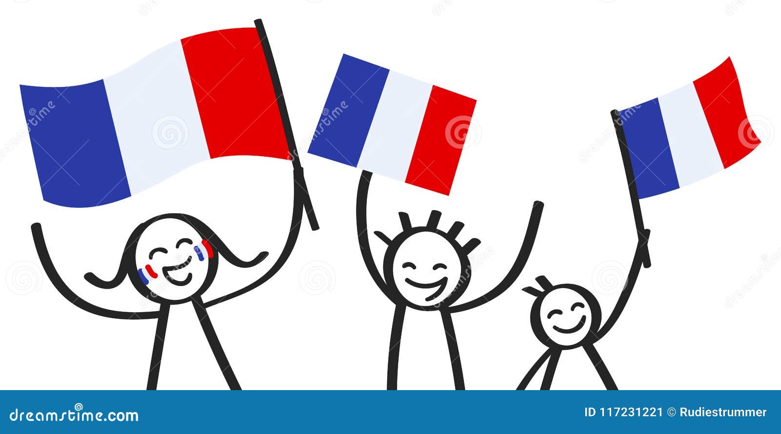 愉快的棍子计算与法国国旗 法国支持者微笑和挥动三色旗子的欢呼的小组向量例证 插画包括有行军 例证