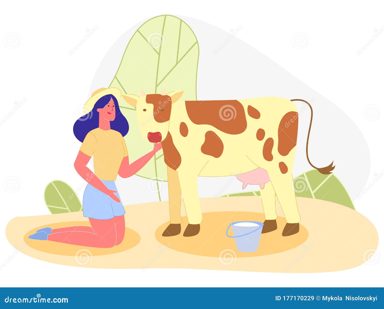 戴草帽的女士 感谢母牛喝牛奶向量例证 插画包括有戴草帽的女士 感谢母牛喝牛奶