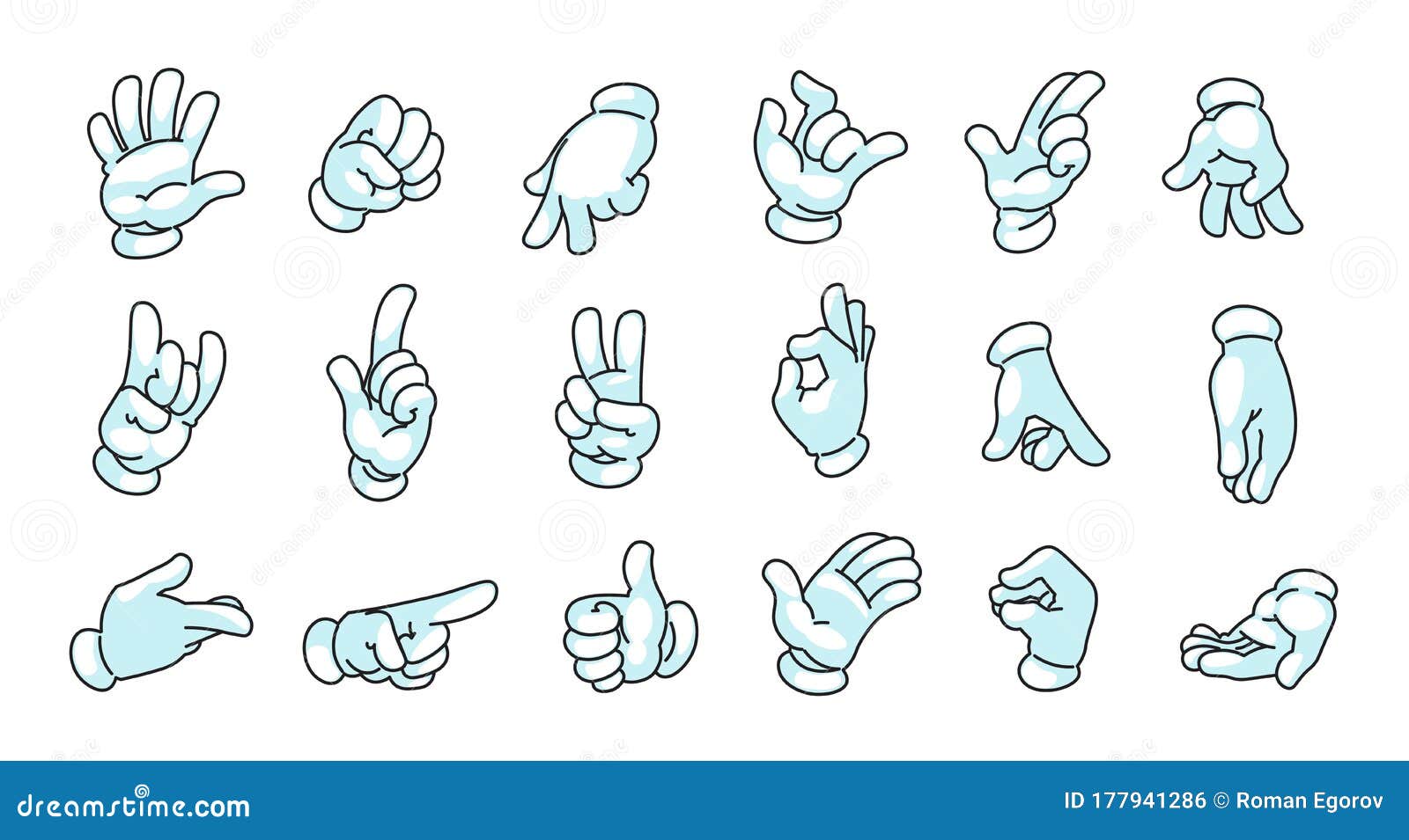 手套中的卡通手涂鸦的漫画吉祥物手臂 人形手掌和手指 手指都戴着白手套 手势显示向量例证 插画包括有设计 拳头