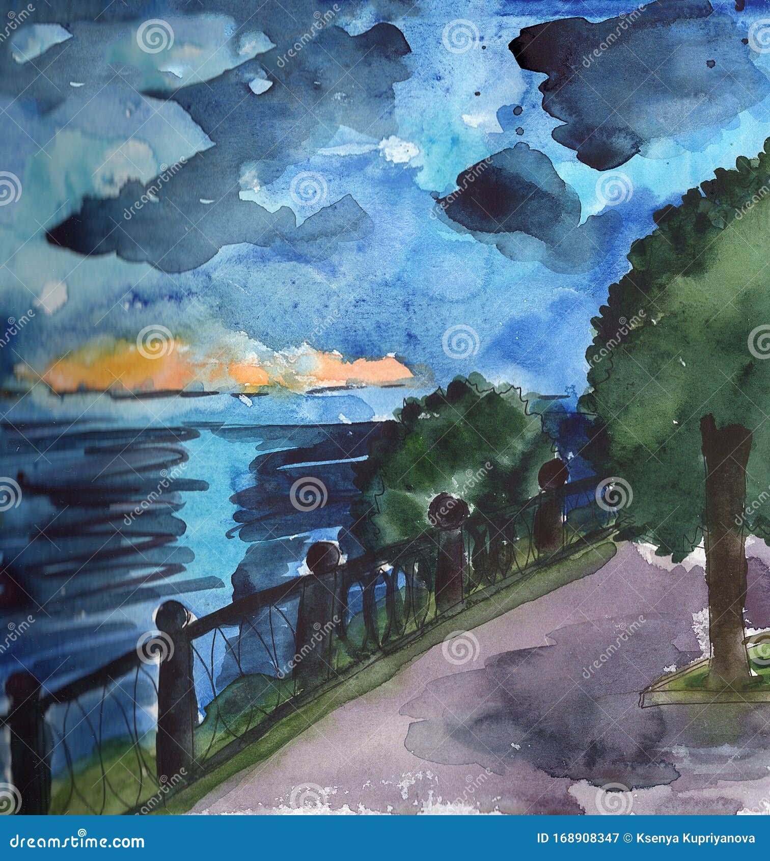 手绘水彩画城市素描夏夜夜间长廊绿树丛深蓝天街灯库存例证 插画包括有散步 工厂 手绘水彩画城市素描夏夜夜间长廊绿树丛深蓝天街灯库存例证 插画包括有散步 工厂