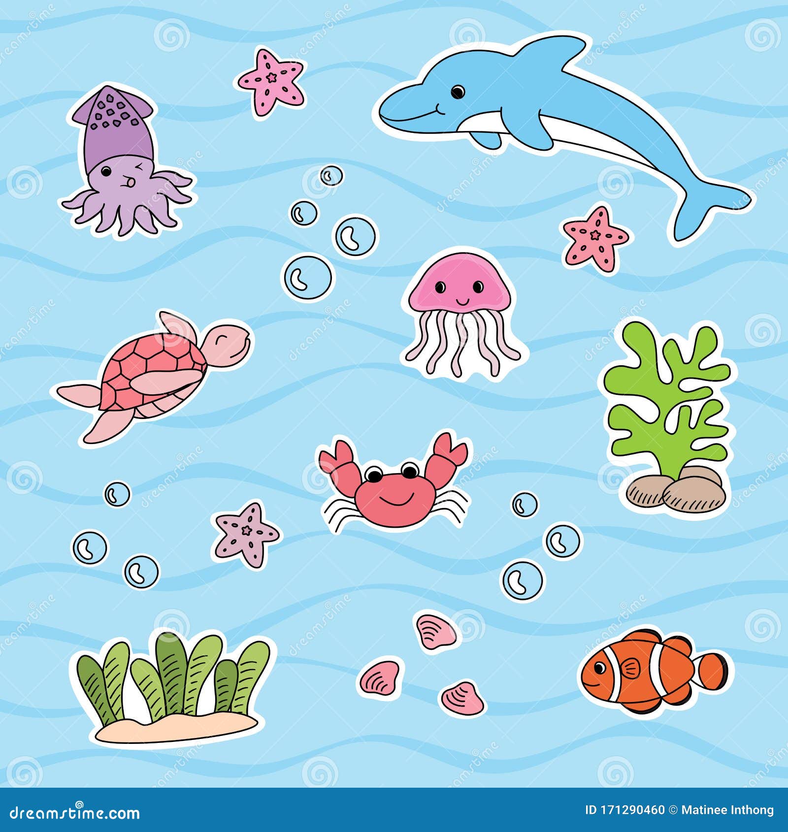 手绘海洋生物的卡通风格 矢量图向量例证 插画包括有婴孩 蓝色 环境 灌木 装饰 区域