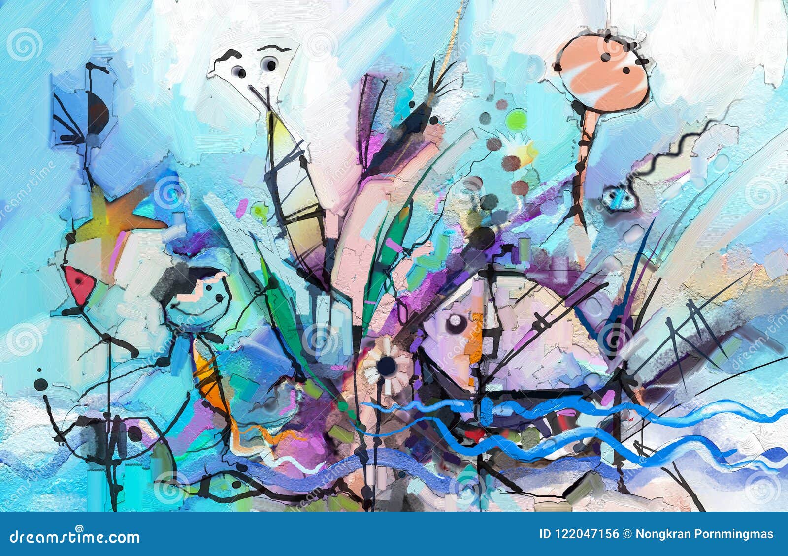 抽象五颜六色的幻想油画孩子 树 鱼和鸟半摘要库存例证 插画包括有