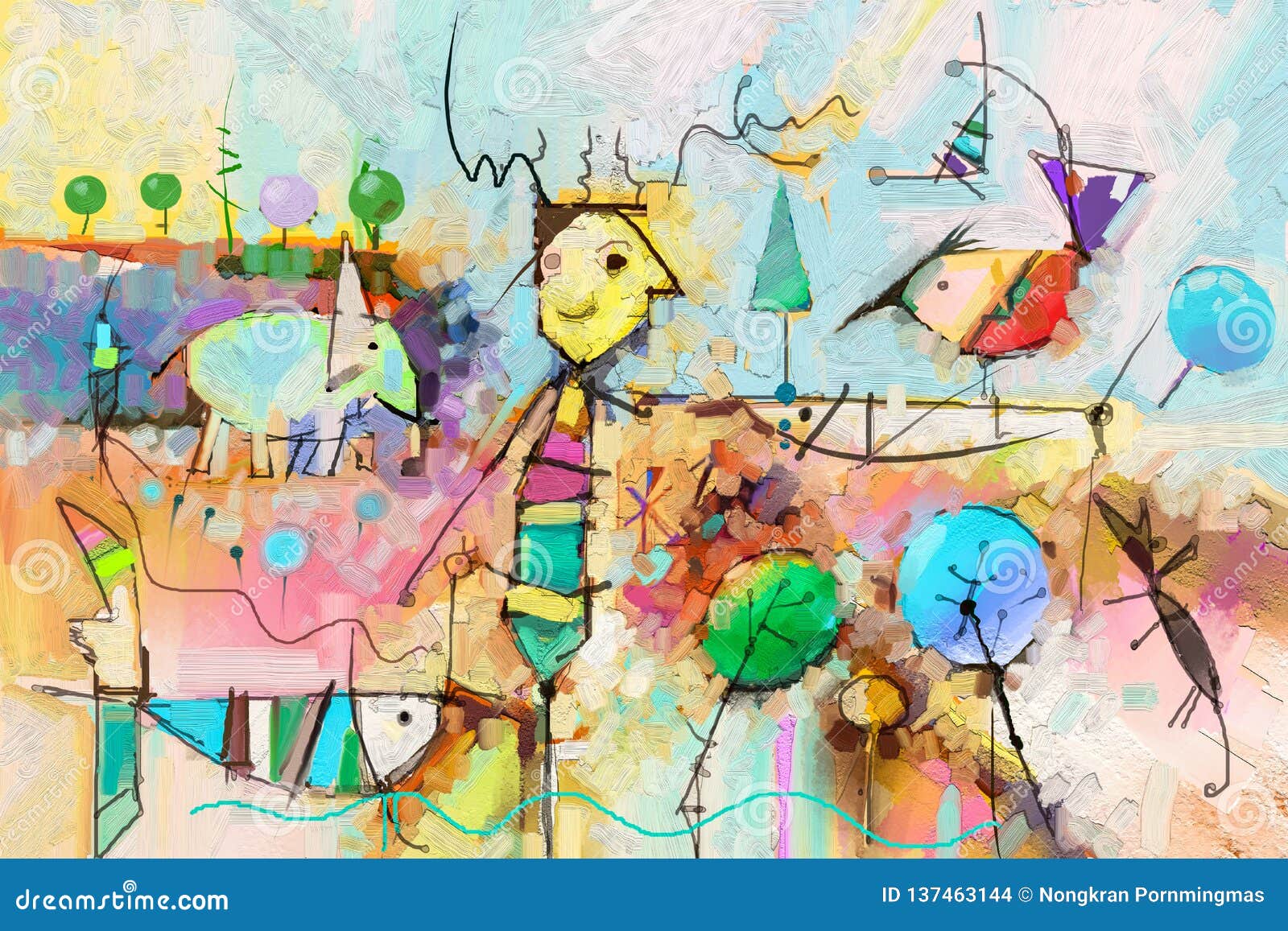 抽象五颜六色的幻想油 丙烯酸酯的绘画树 鱼 大象和鸟半抽象油漆在风景库存例证 插画包括有