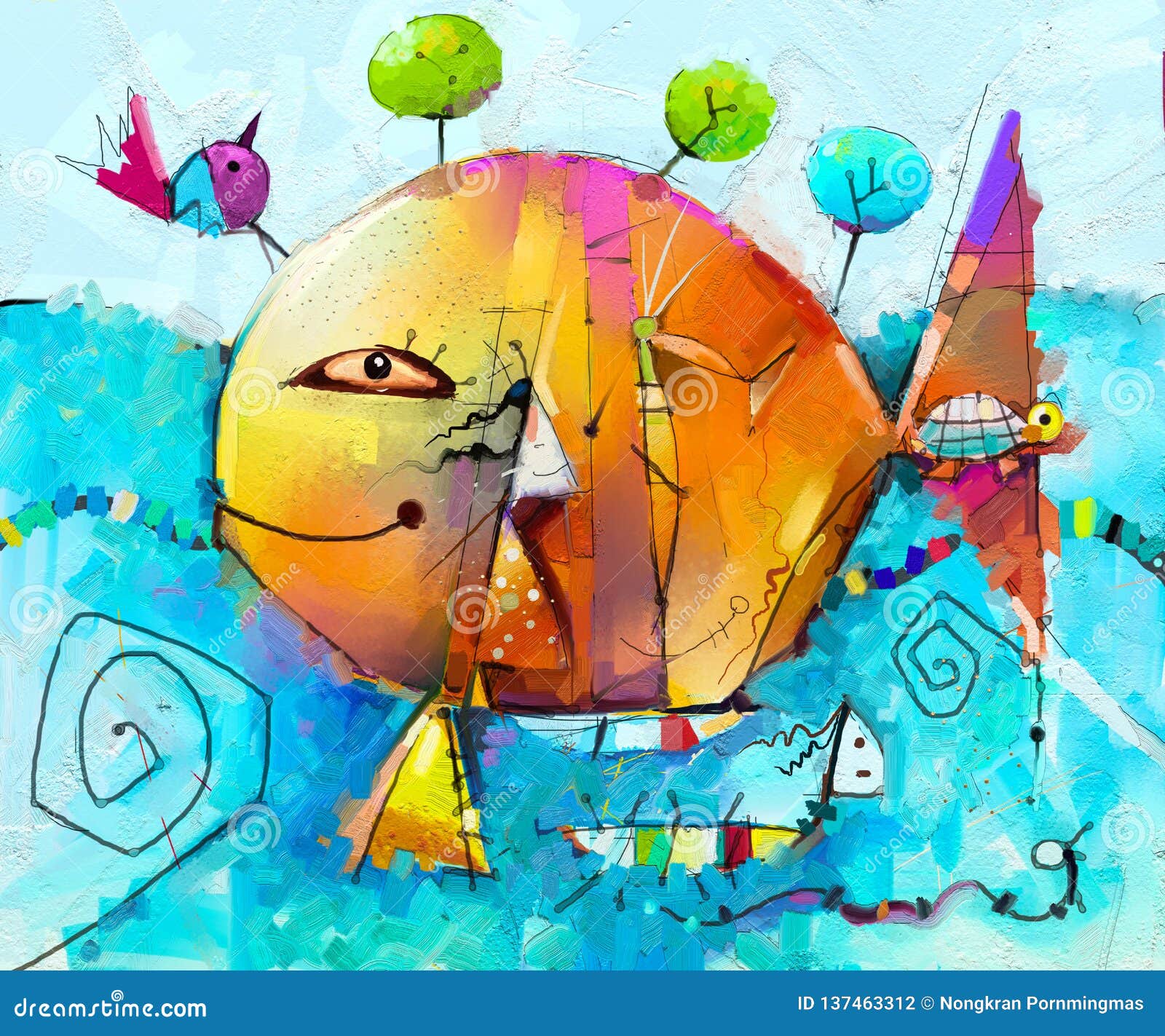 抽象五颜六色的幻想油 丙烯酸酯的绘画树 鱼和鸟半抽象油漆在风景库存例证 插画包括有