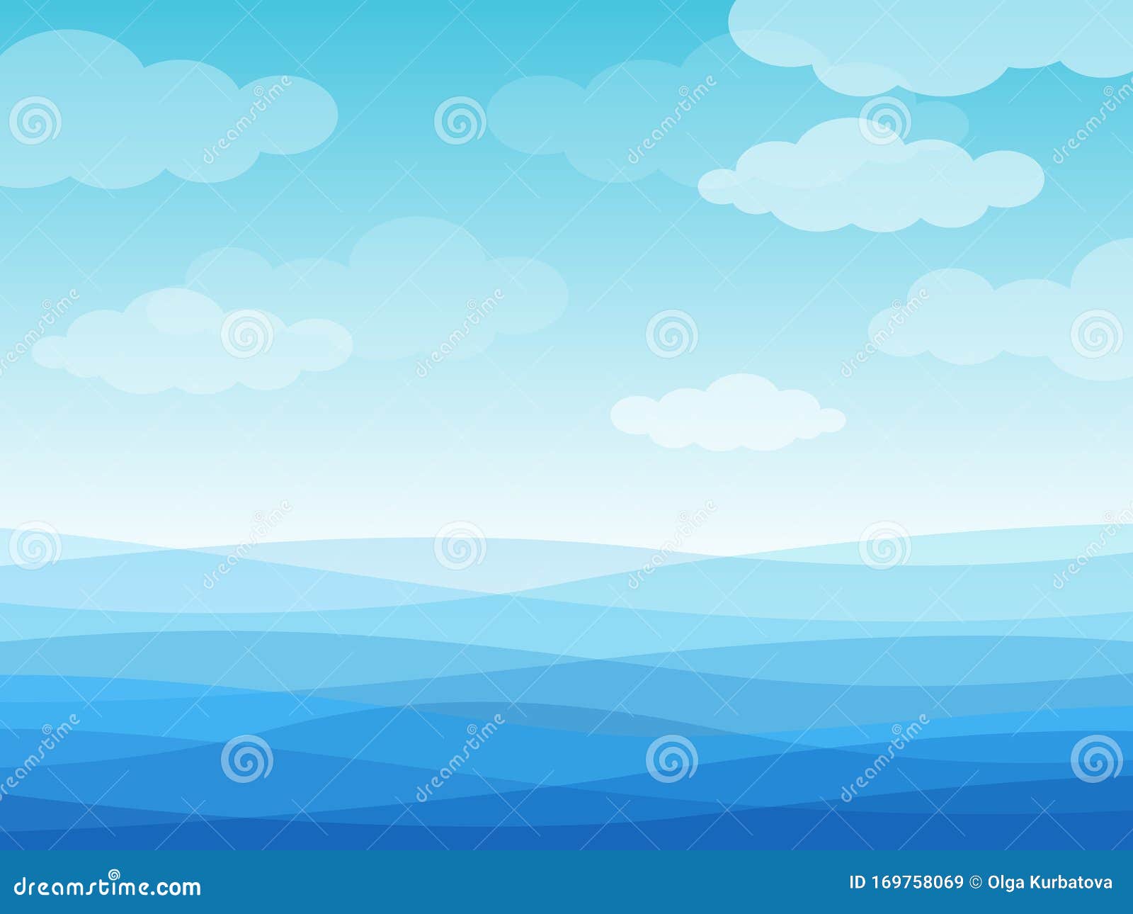 抽象海浪蓝色波浪海 天空和白云 流动的河水景观壁纸设计 创意向量例证 插画包括有海浪 幻想