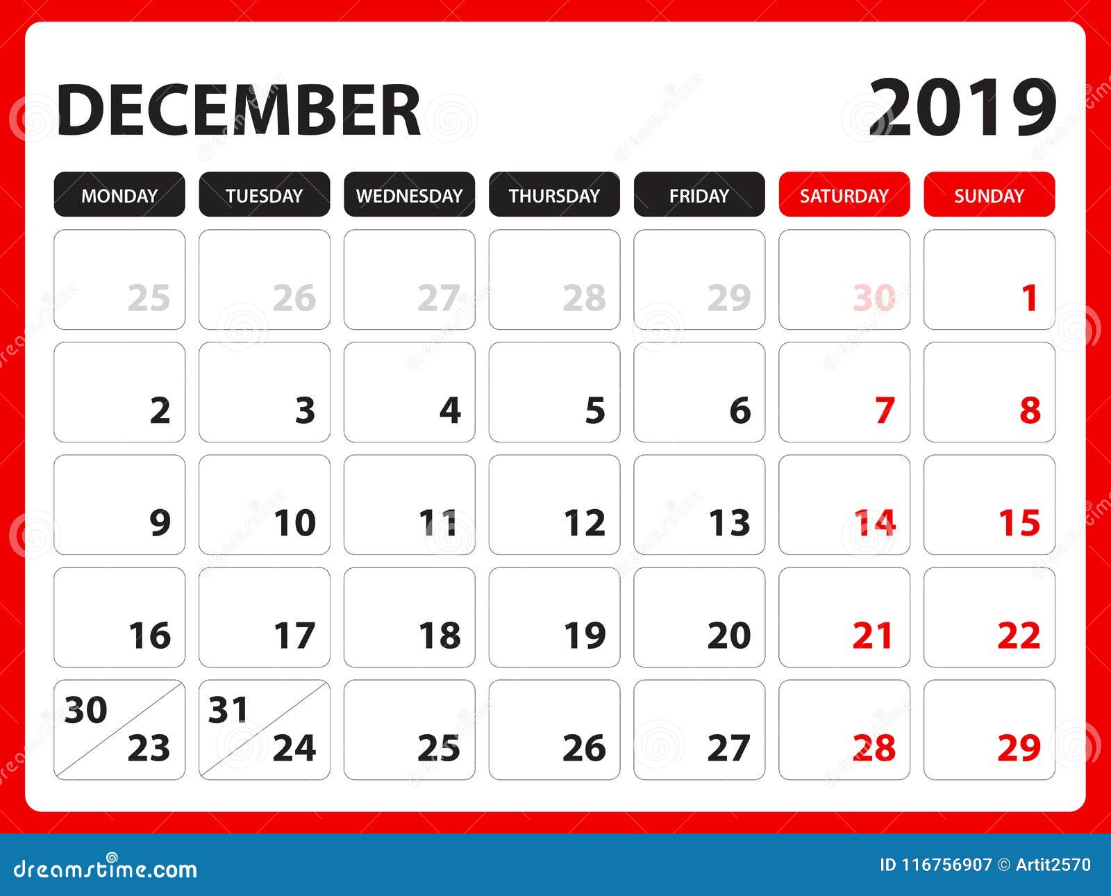 文具设计 19年12月模板的在星期天桌面日历 可印的日历 计划者设计模板 星期开始向量例证 插画包括有可以 红色