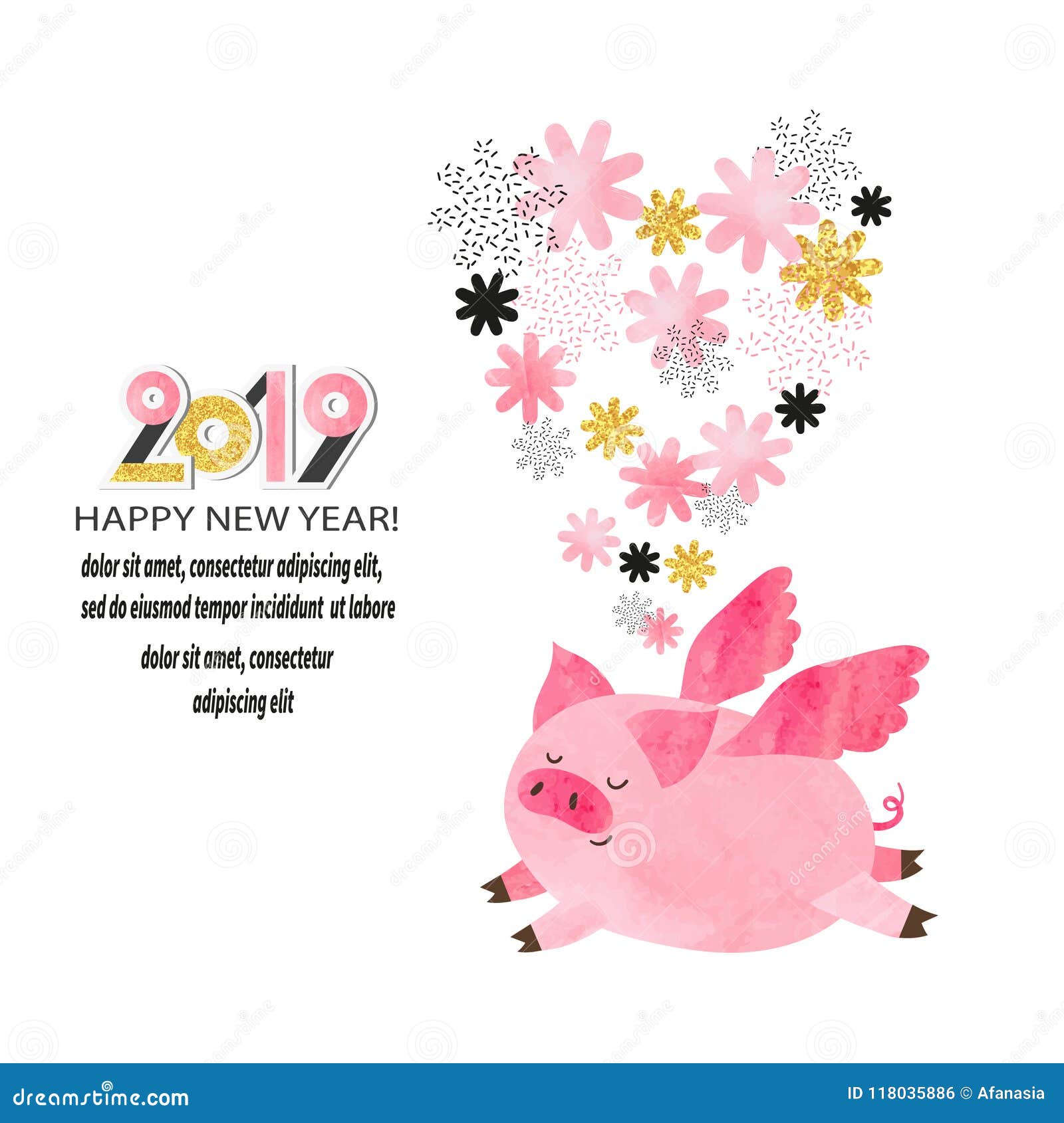 新年好2019年贺卡逗人喜爱的水彩飞行猪向量例证 插画包括有xmas 敌意