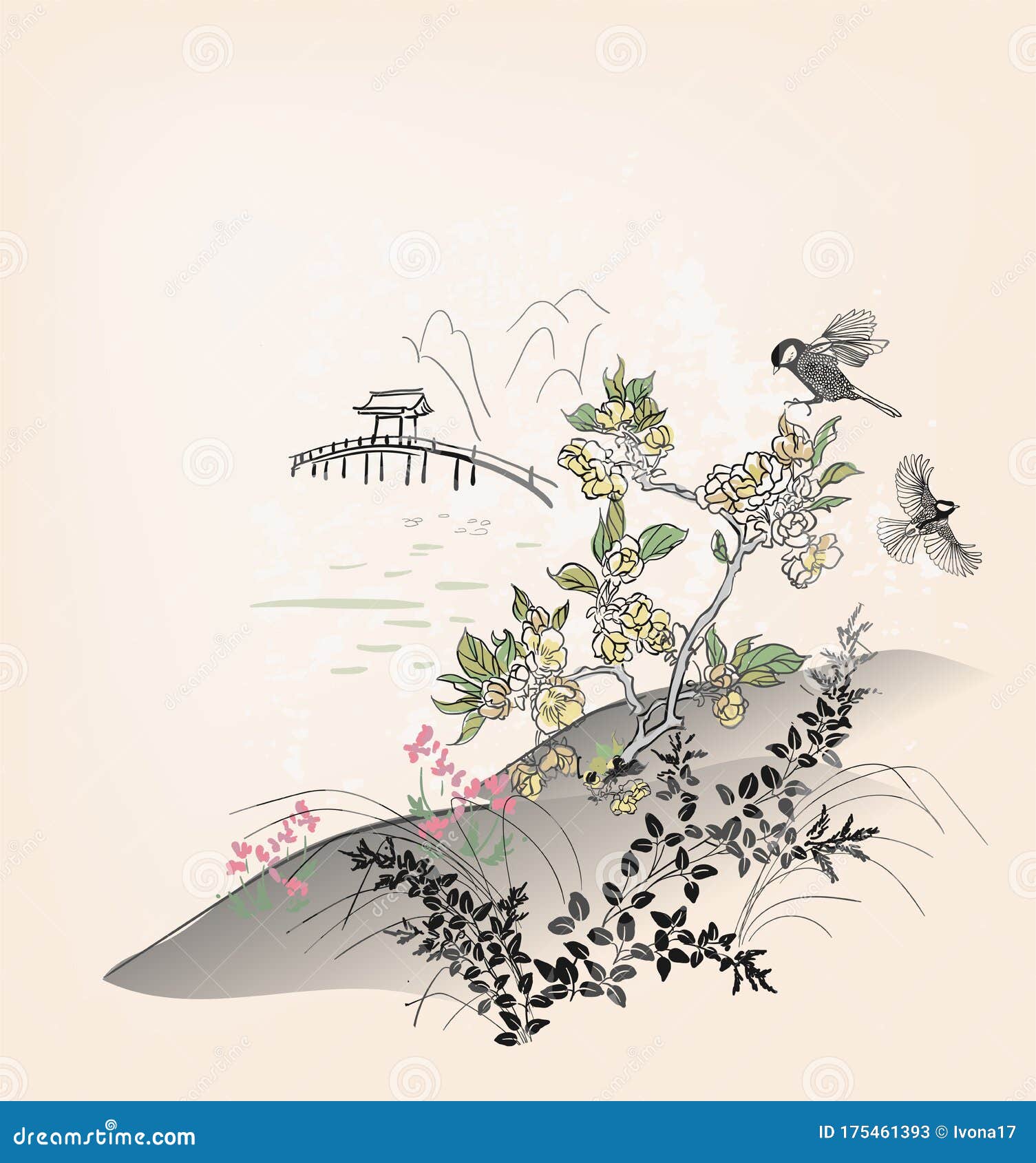 日本中文矢量图设计墨花雕刻彩卡背景园林鸟草库存例证. 插画包括有典雅  image