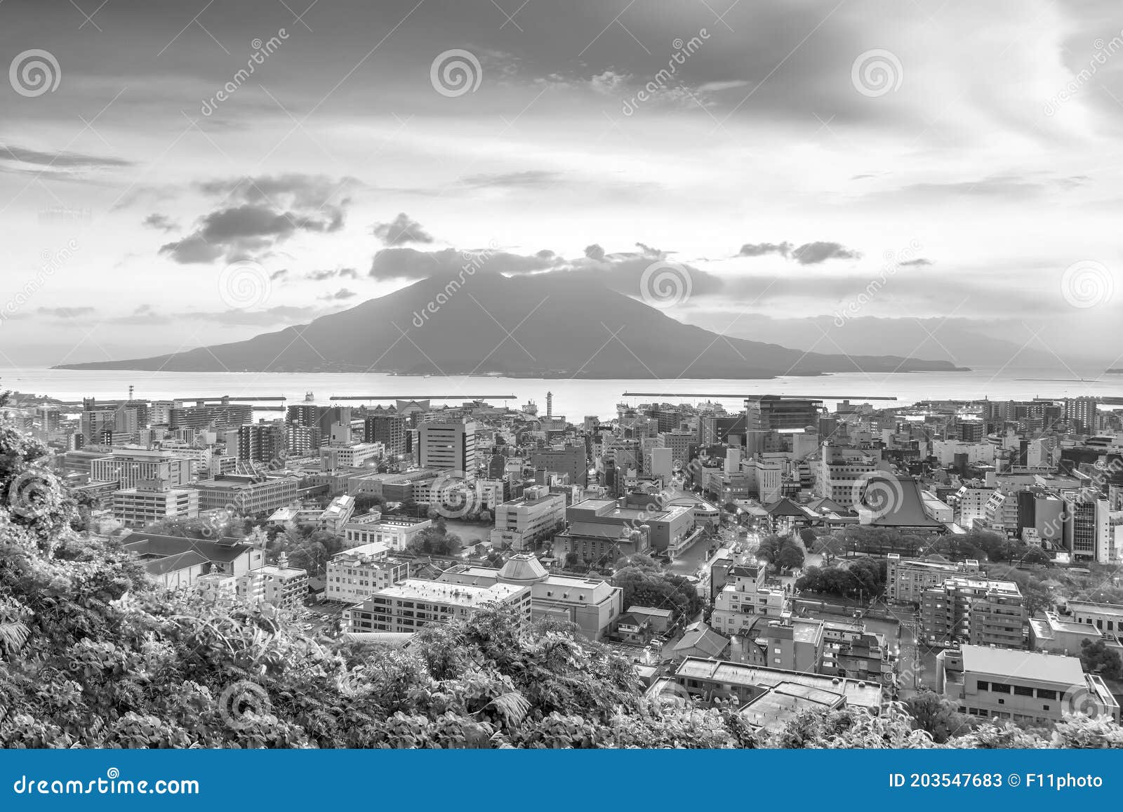 日本九州的鹿儿岛市中心天际线城市景观与樱岛火山库存图片 图片包括有聚会所 地标 日本 鹿儿岛