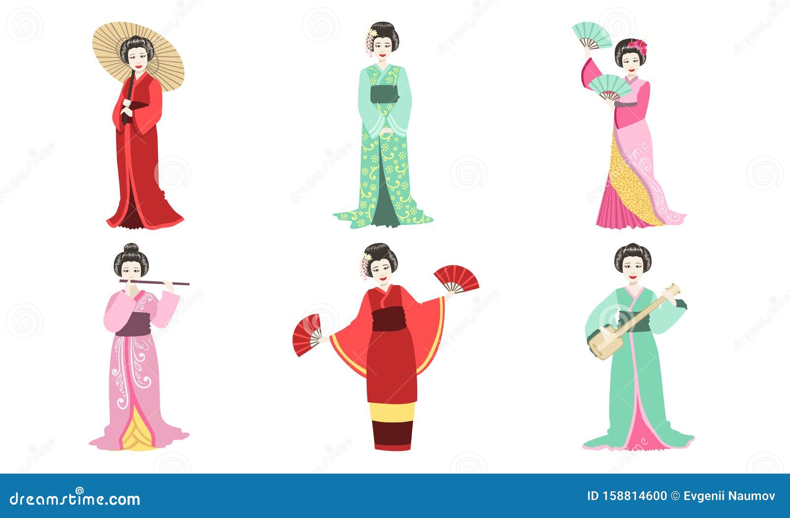 日本传统服饰女孩 亚洲女性和服 艺妓和歌舞伎角色矢量图向量例证 插画包括有