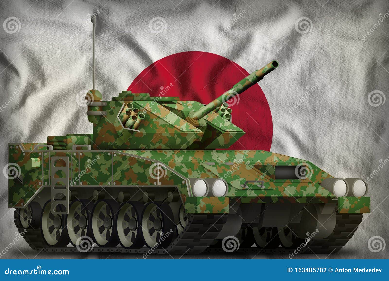 日本国旗背景上夏日迷彩轻型坦克装甲车3d插图库存例证 插画包括有大量 臂章 绿色 枪炮