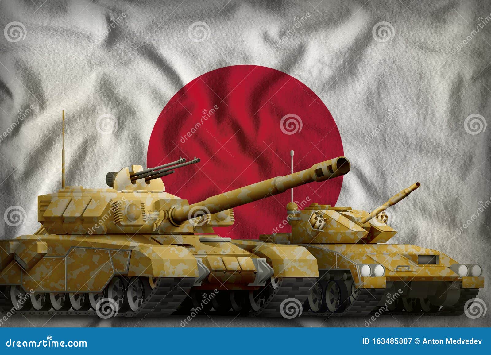 日本坦克部队概念旗帜背景中带有橙色迷彩的坦克3d插图库存例证 插画包括有运输 保护
