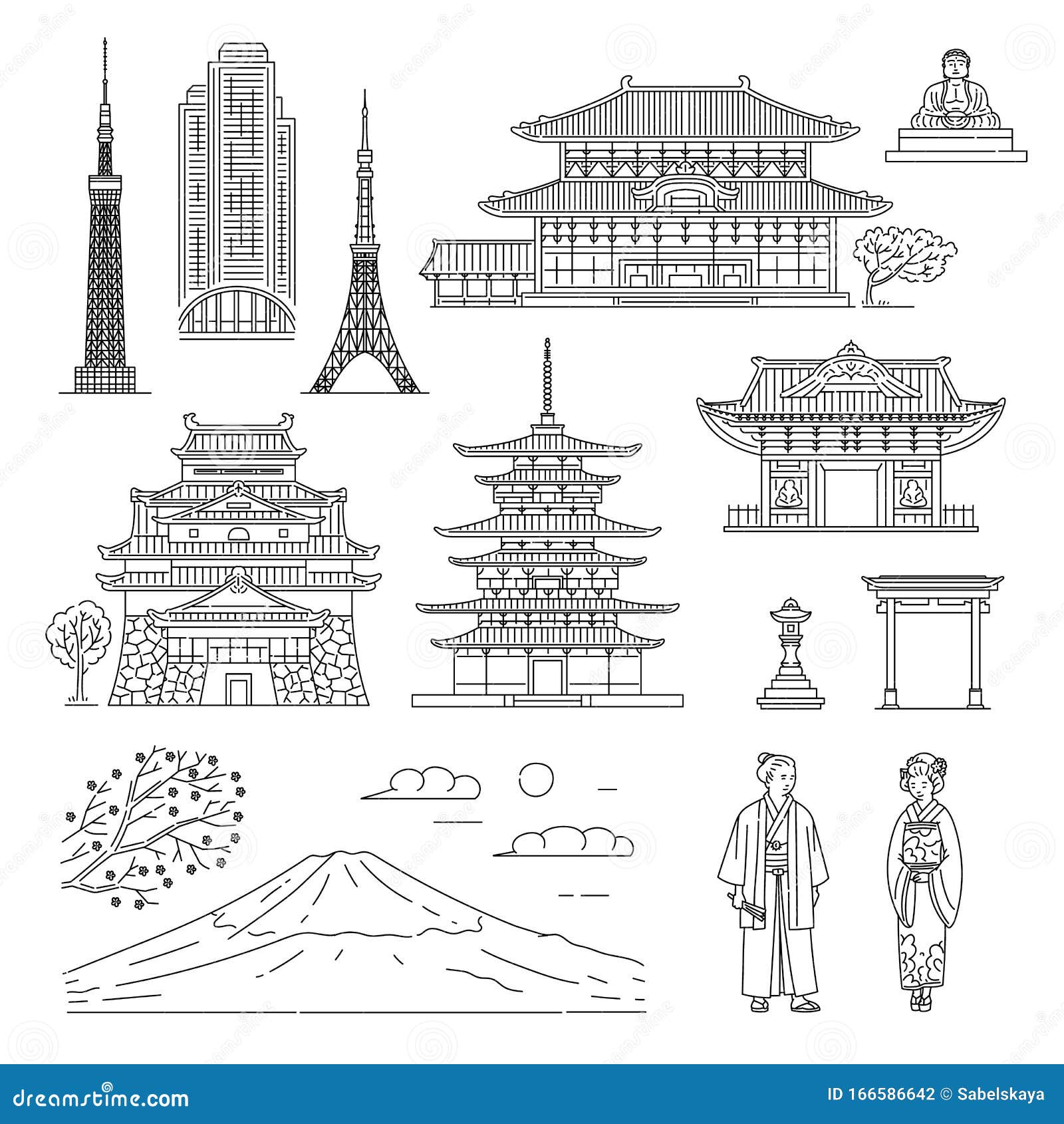 日本线艺集 东方建筑 民族服装和富士向量例证 插画包括有地标 富士 对象 无色 杨梅 日本线艺集 东方建筑 民族服装和富士向量例证 插画包括有地标 富士 对象 无色 杨梅
