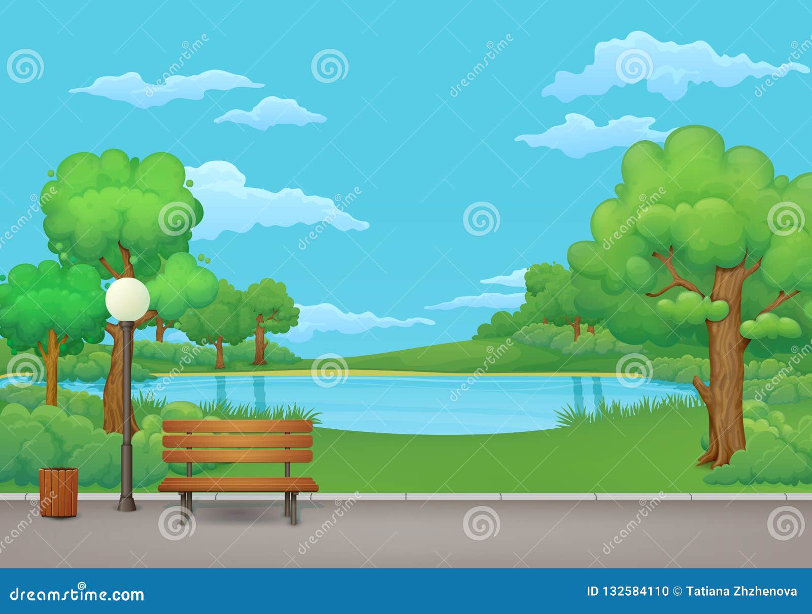 日横向公园夏天绿色草甸 树和湖背景的向量例证 插画包括有捕鱼 森林 草甸 池塘 工厂