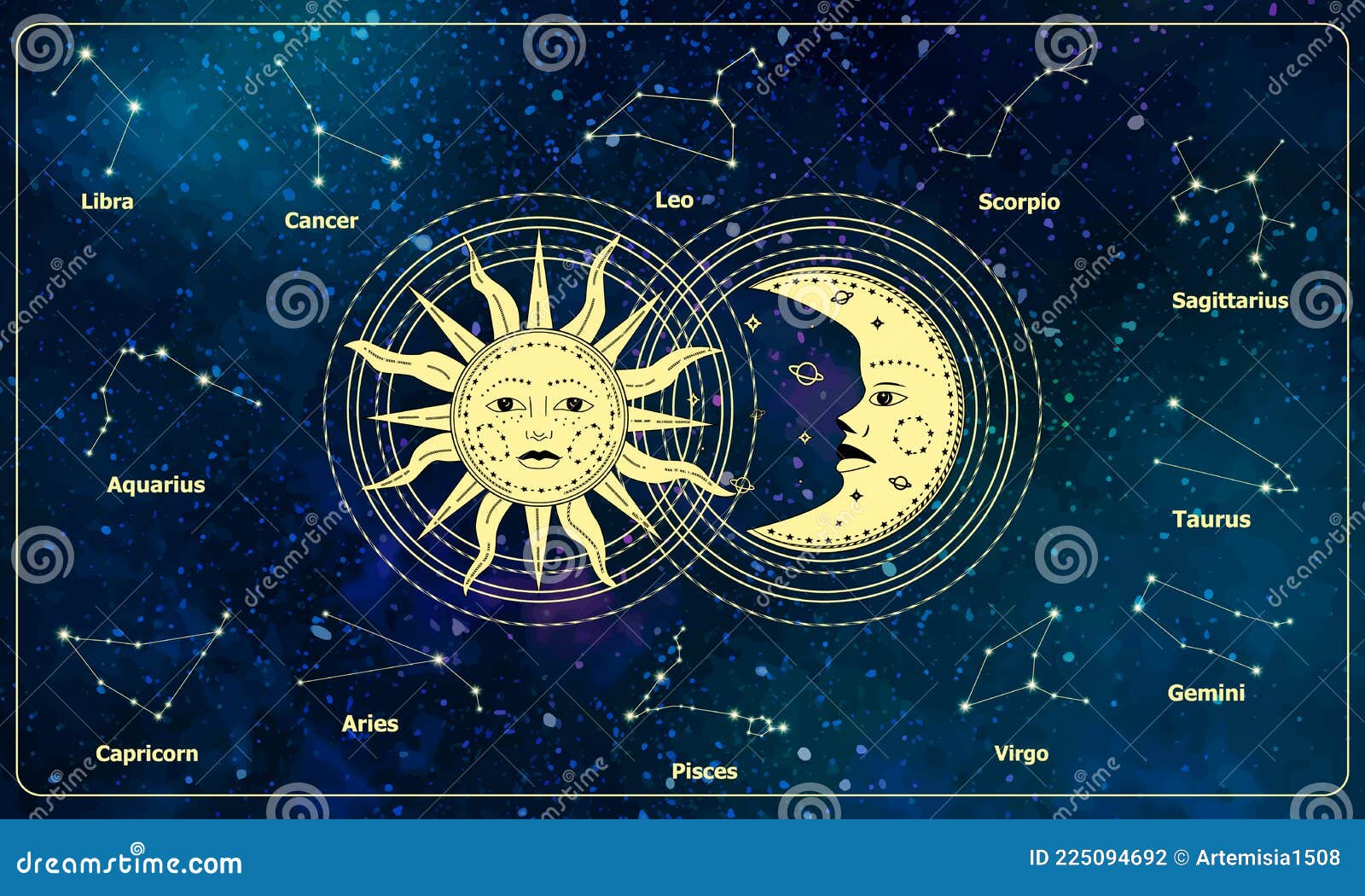 星座背景中月亮的深月月和太阳 占星术的魔法旗向量例证 插画包括有徽标 表面 金子 设计 星座背景中月亮的深月月和太阳 占星术的魔法旗向量例证 插画包括有徽标 表面 金子 设计