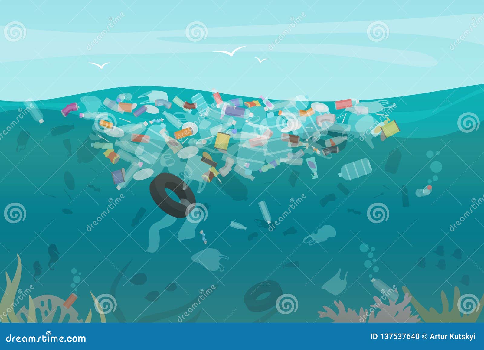 有垃圾不同形式的 塑料瓶 袋子 漂浮在水中的废物塑料污染垃圾水中海向量例证 插画包括有破坏 回收