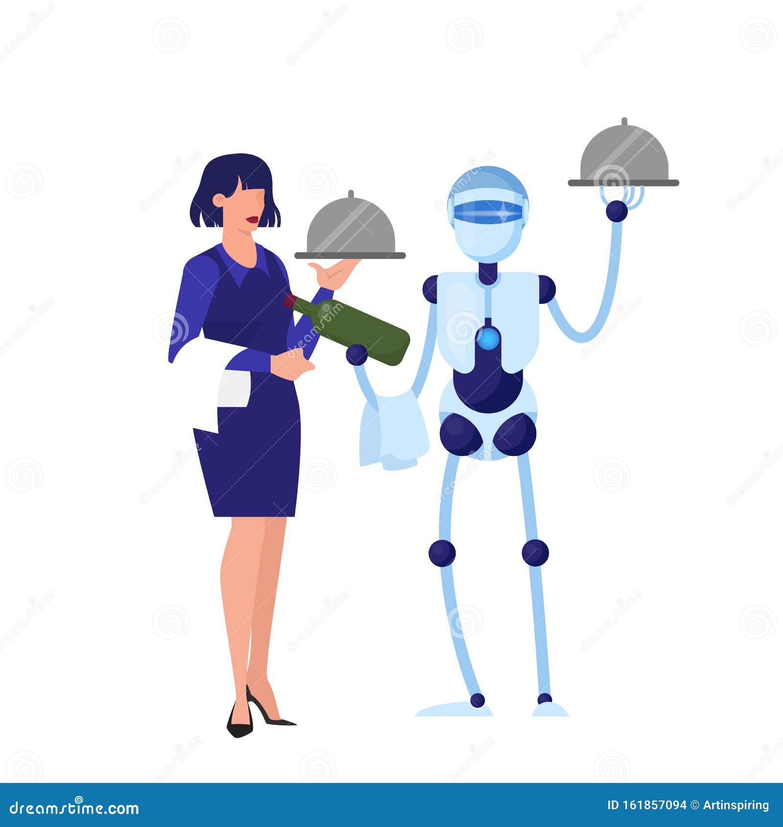 机器人服务员和女服务员一起工作向量例证 插画包括有人员 平面 健康 智能 靠机械装置维持生命的人