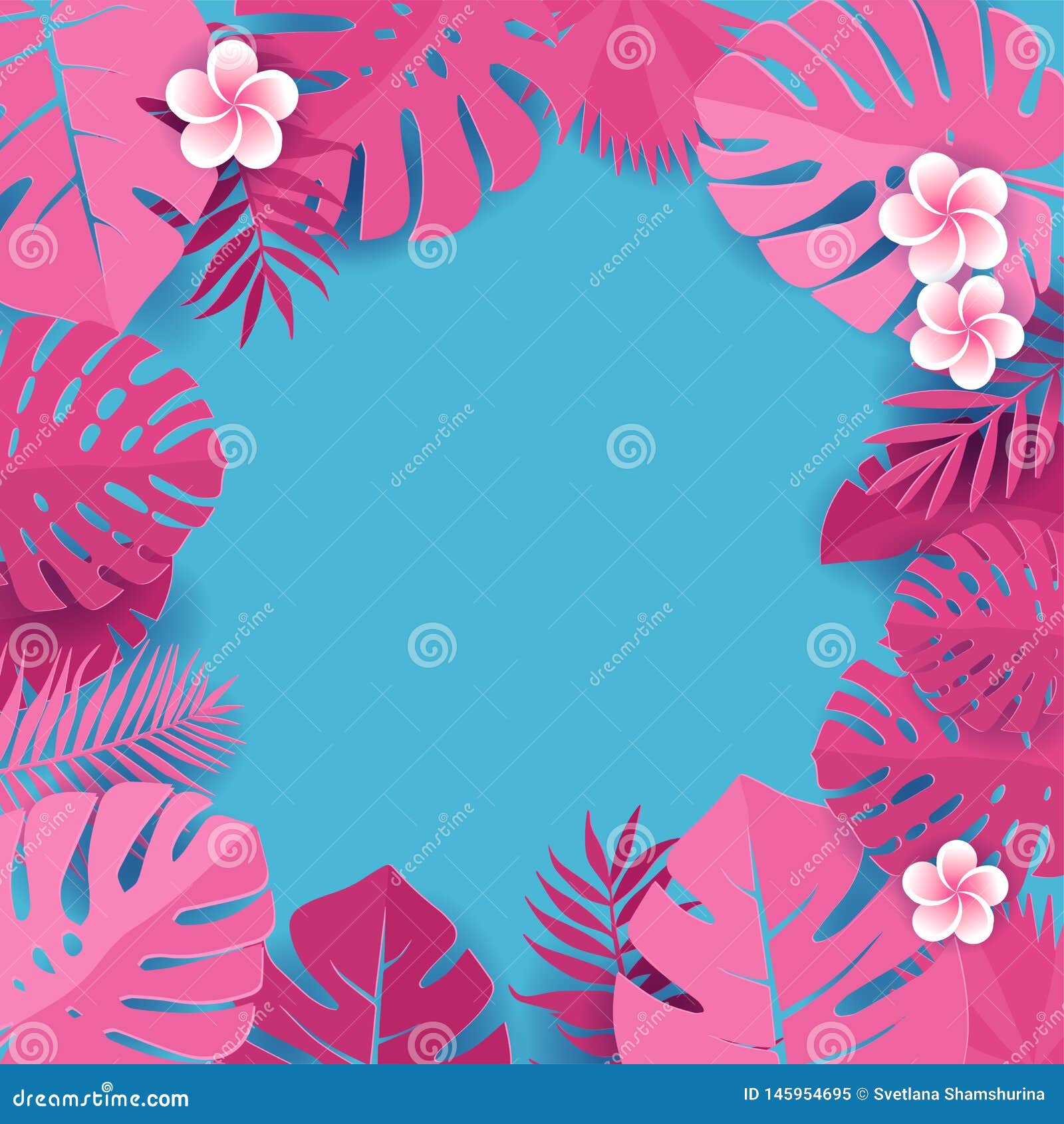 桃红色棕榈叶背景在蓝色背景的热带monstera叶子框架有赤素馨花花的热带贺卡库存例证 插画包括有自然 设计