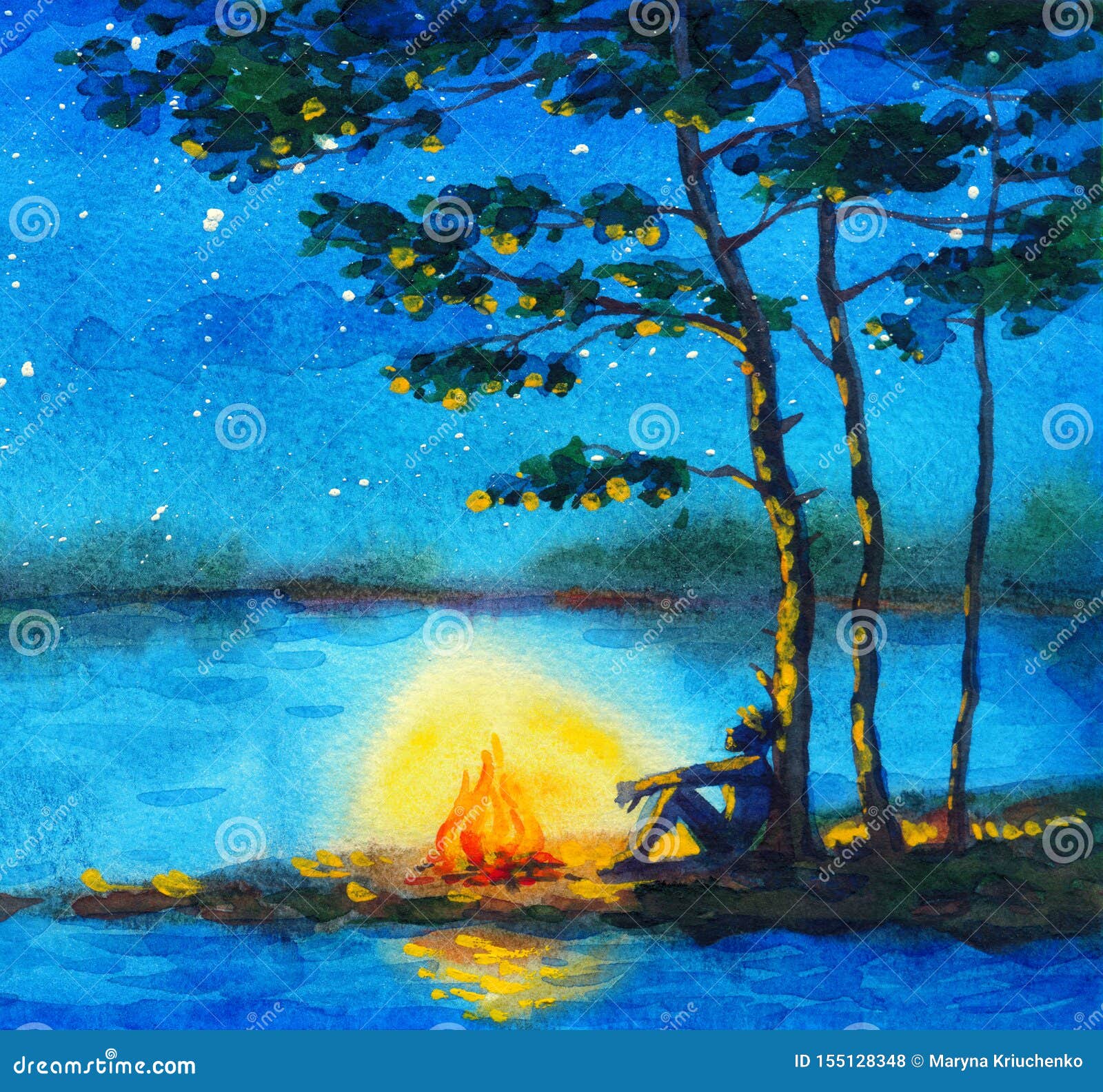 水彩夜风景由河的篝火库存照片 图片包括有由河的篝火 水彩夜风景