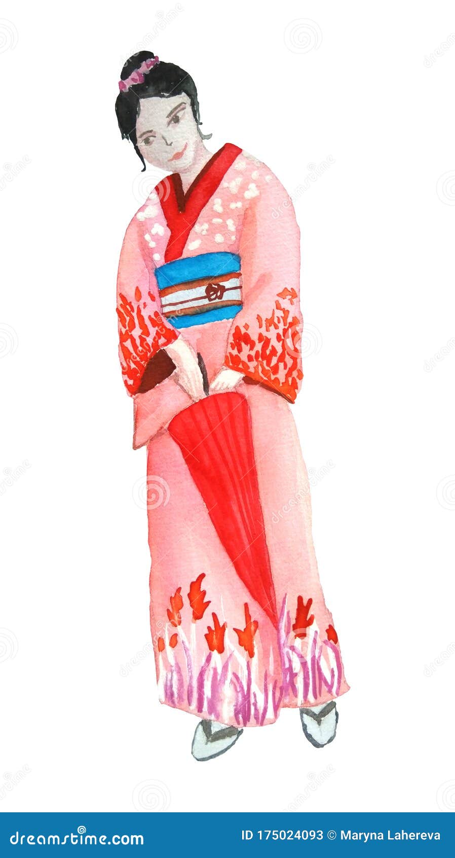 水彩手绘与和服日本传统亚式红粉服饰女性图案设计库存例证 插画包括有异乎寻常 日本 人员 设计