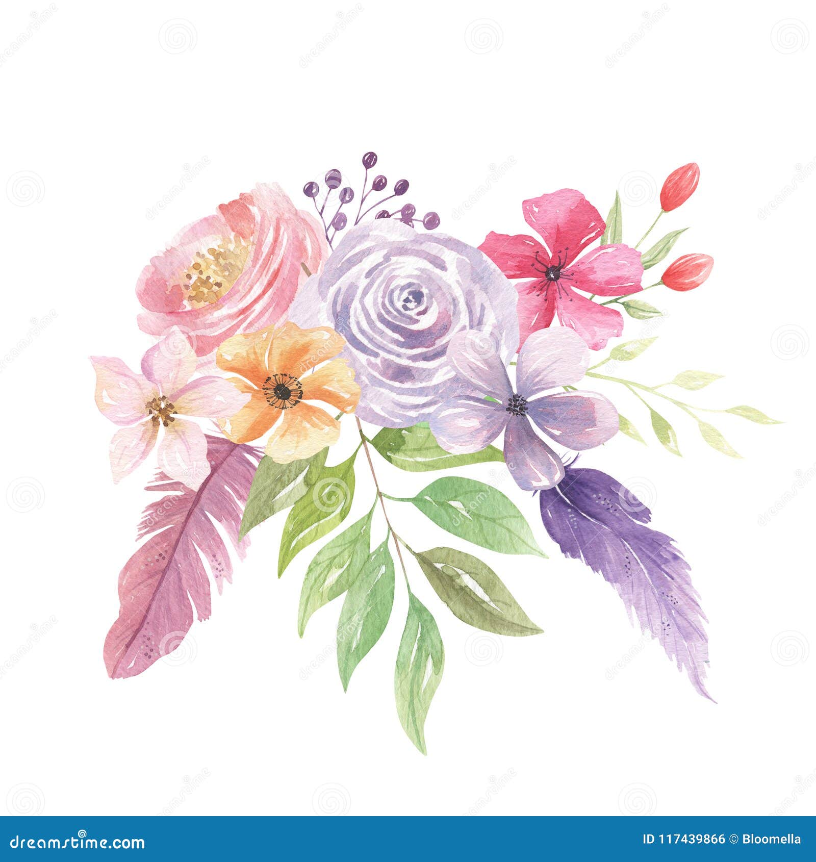 水彩漂泊flowerspink用羽毛装饰小珠叶子花束库存例证 插画包括有水彩漂泊flowerspink用羽毛装饰小珠叶子花束