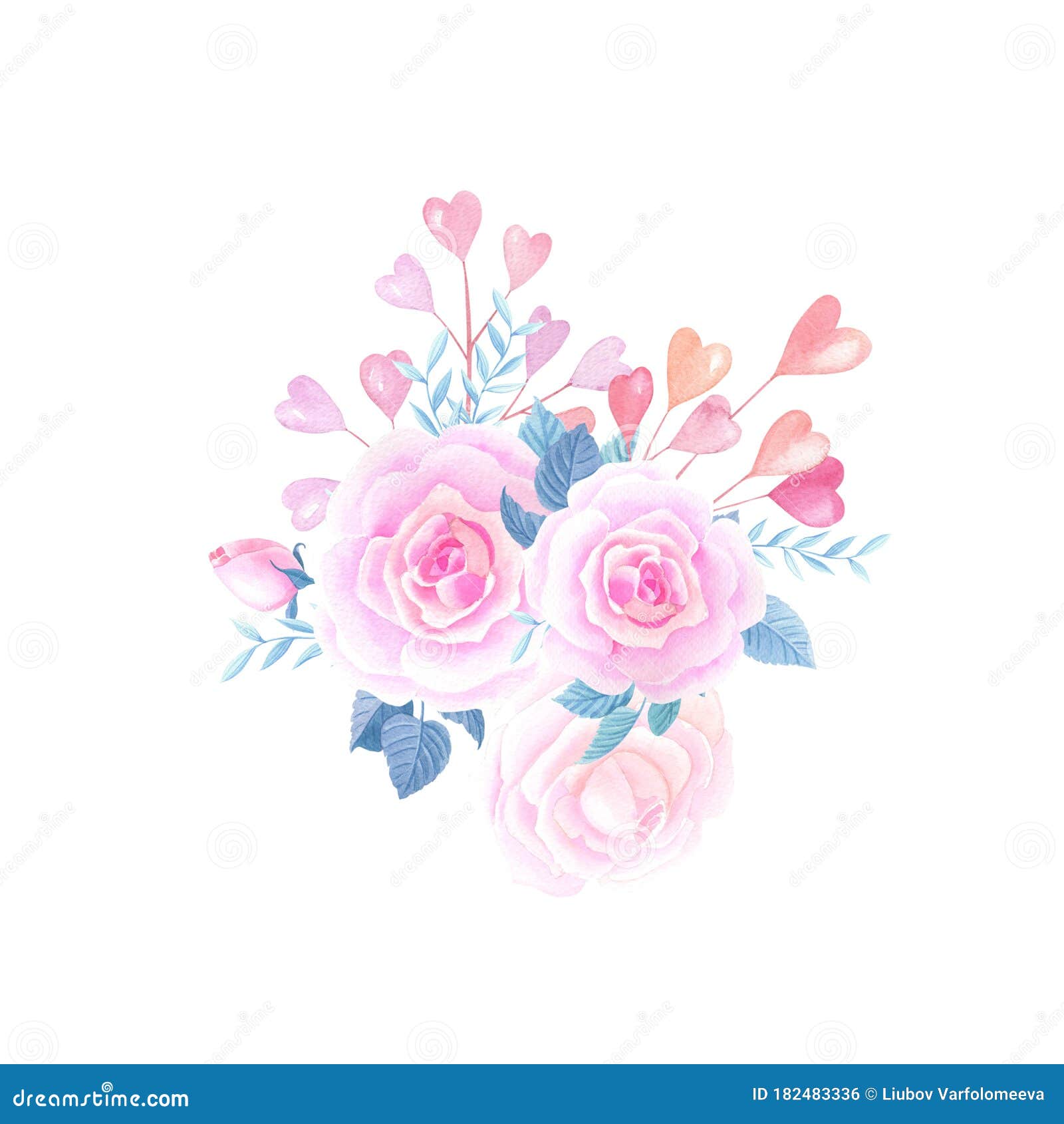 水彩粉红玫瑰红心白色背景上水色情人节日花组合物库存例证 插画包括有白色背景上水色情人节日花组合物