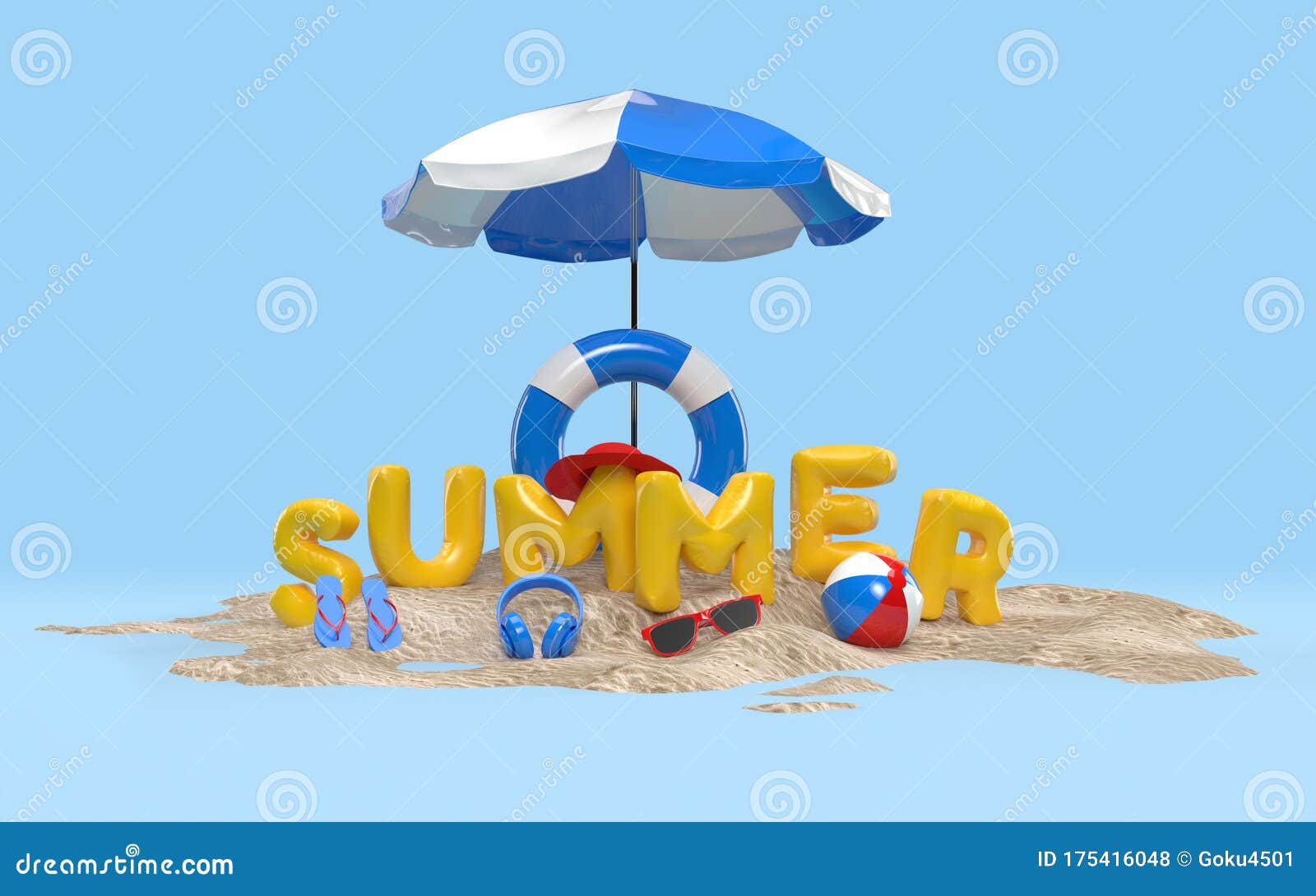 沙滩岛上的3d文本夏日 带沙滩伞 太阳玻璃 人字拖 球 环形浮动背景横幅或壁纸库存例证 插画包括有节假日 季节