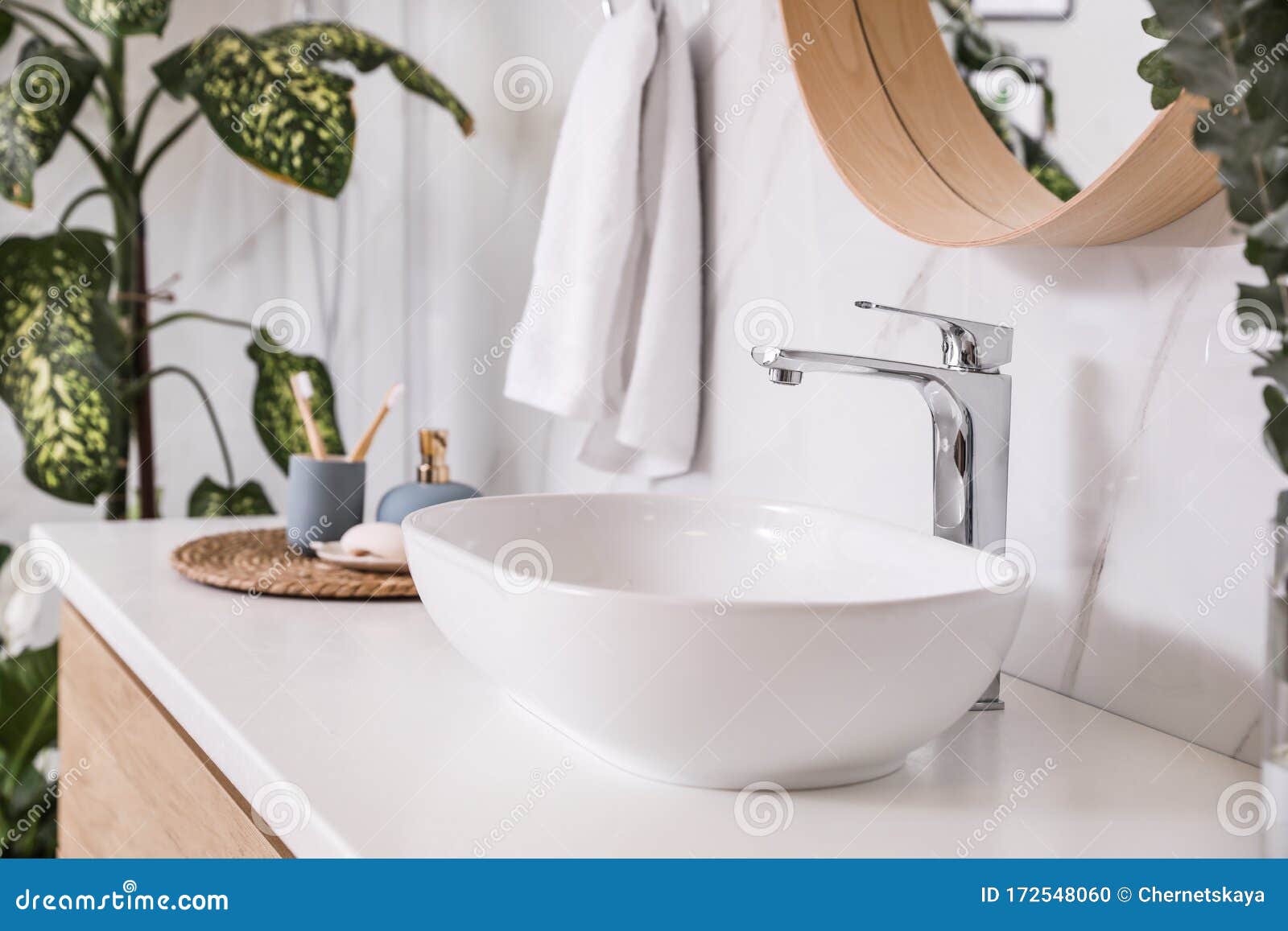 浴室中时尚的水槽和植物内部设计元件库存照片 图片包括有本质 房子 卫生学 自然 舒适