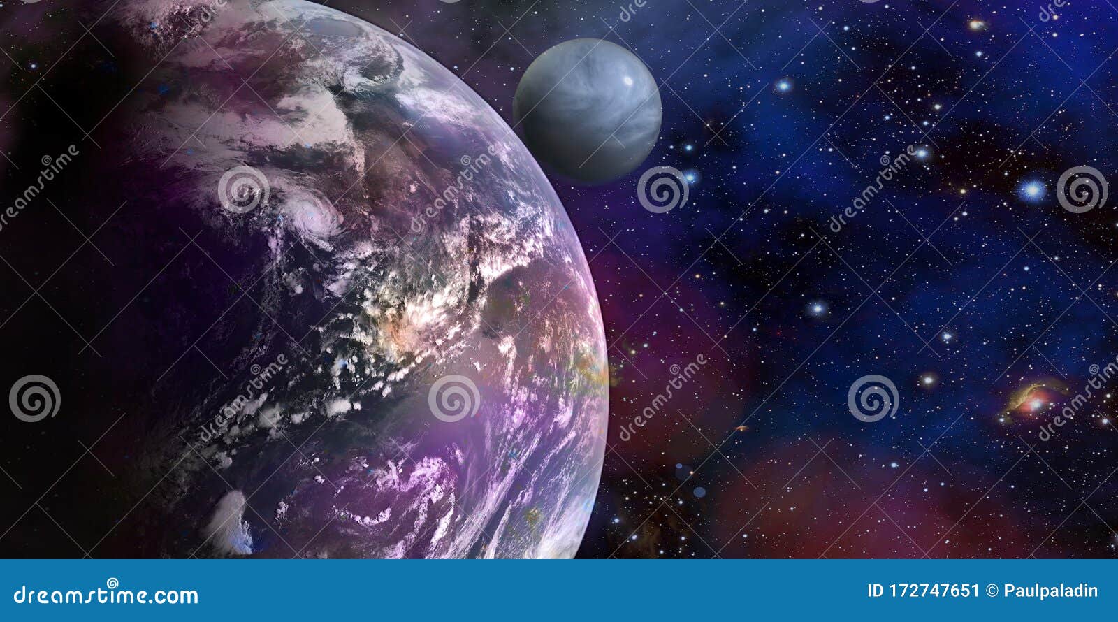 深空幻想宇宙背景中带卫星的粉红色行星库存例证 插画包括有毁损 波斯菊 星云 图象 紫色