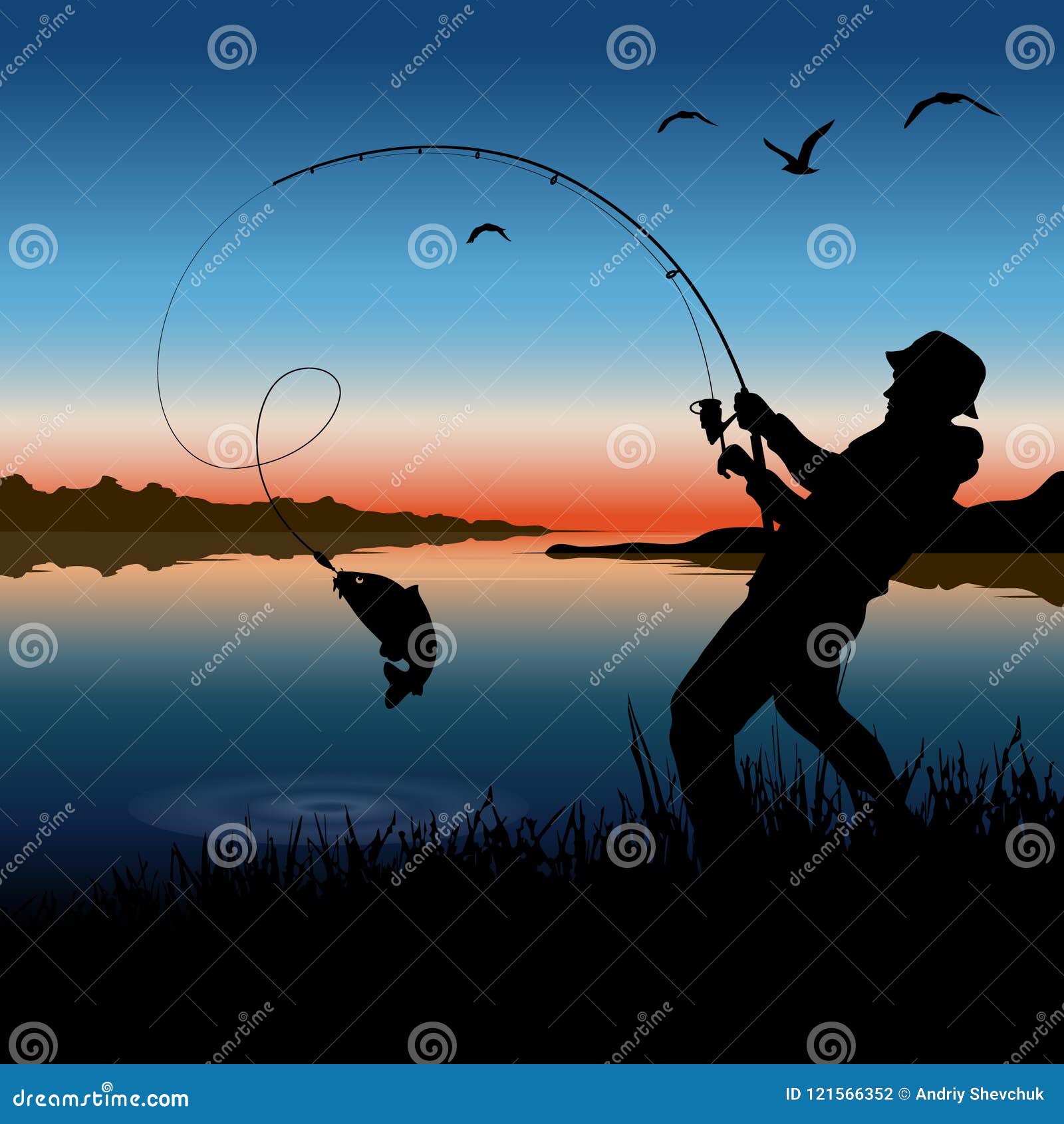 渔夫和自然渔夫抓在一根钓鱼竿的鱼向量例证. 插画包括有男人, 男朋友