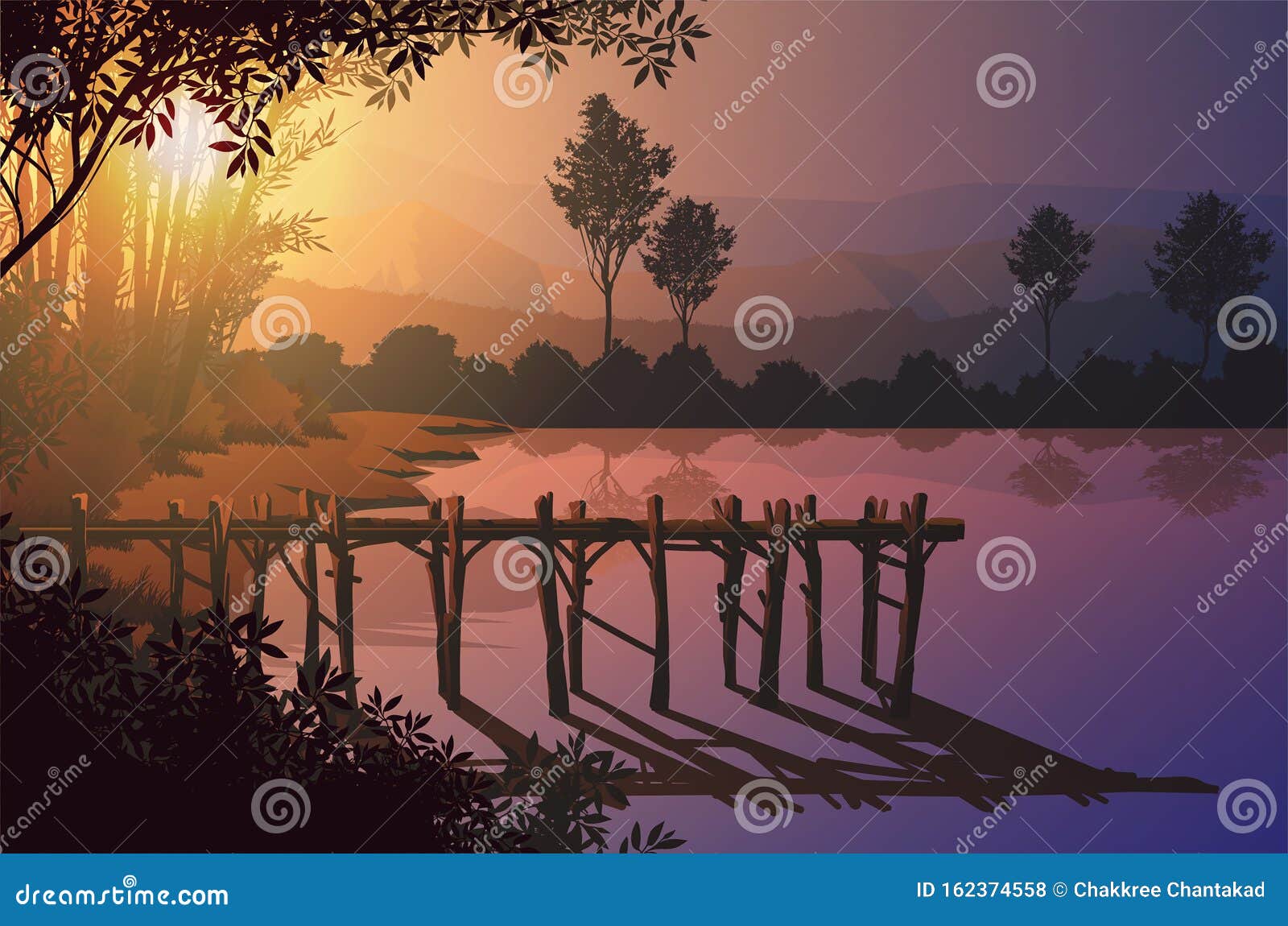 湿地边缘的木港天然森林山脉地平线树景观壁纸日出插图矢量图样式向量例证 插画包括有例证 早晨