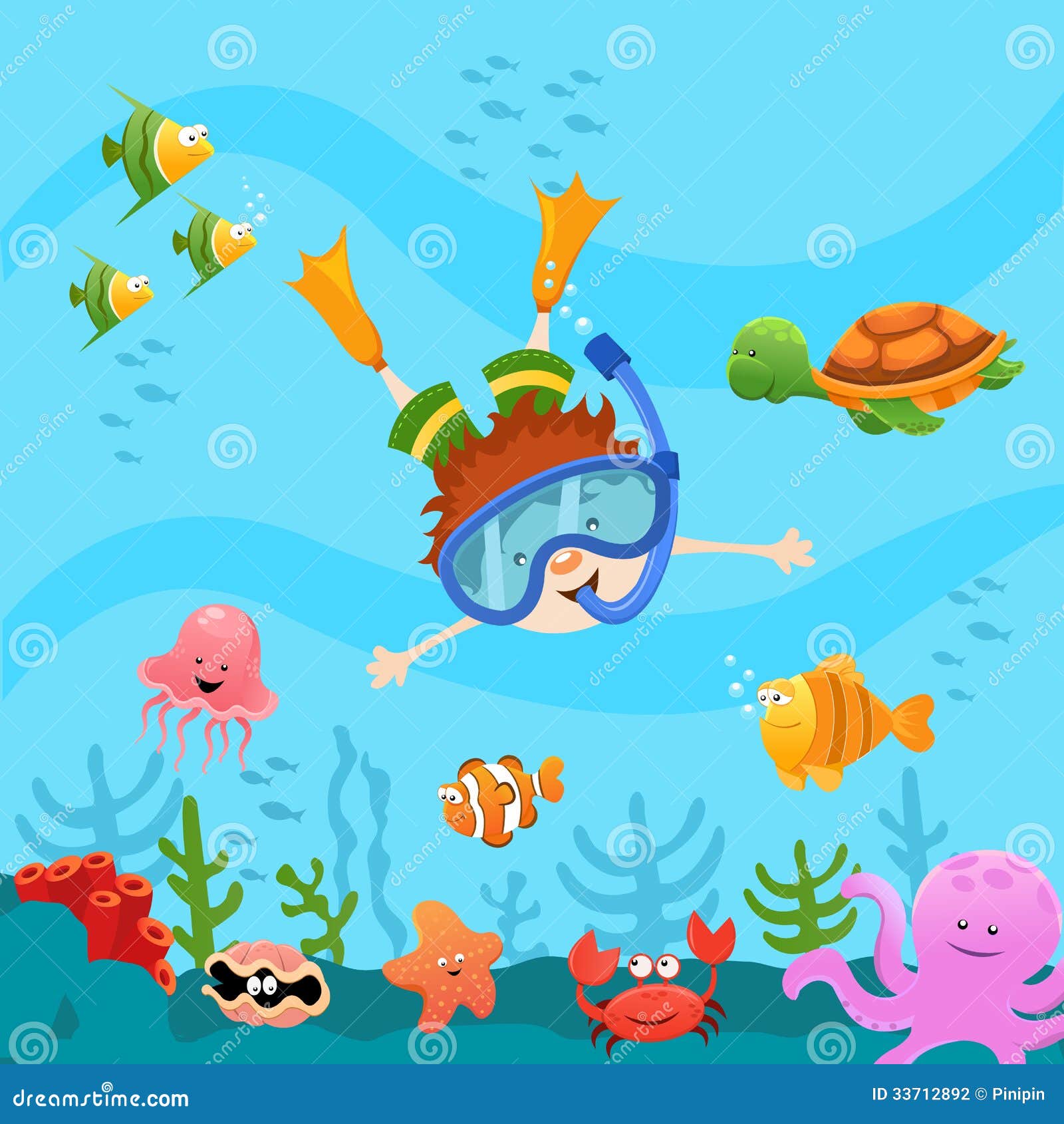 潜水孩子向量例证 插画包括有珊瑚 淡菜 小丑 水肺 字符 屏蔽 测试 意志薄弱的人