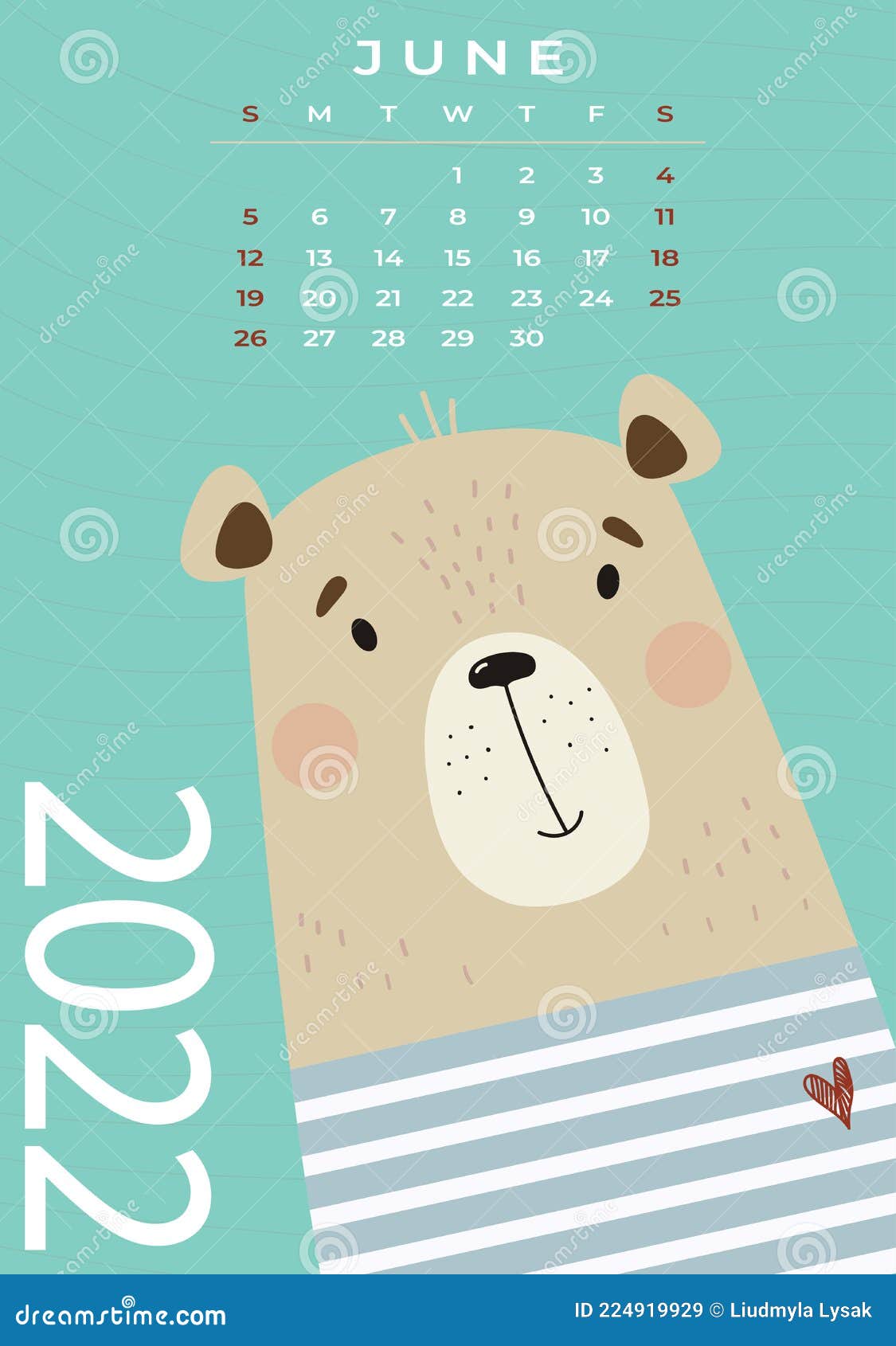 熊日历 22年6月 穿条纹海马背心的可爱小熊水手 矢量图插图 垂直模板 从星期日开始向量例证 插画包括有艺术 婴孩