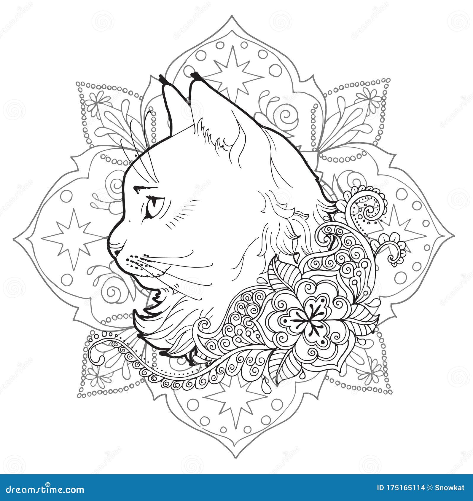 猫和曼陀罗着色书库存例证. 插画包括有设计, 织品, 例证, 毛皮, 绽放 