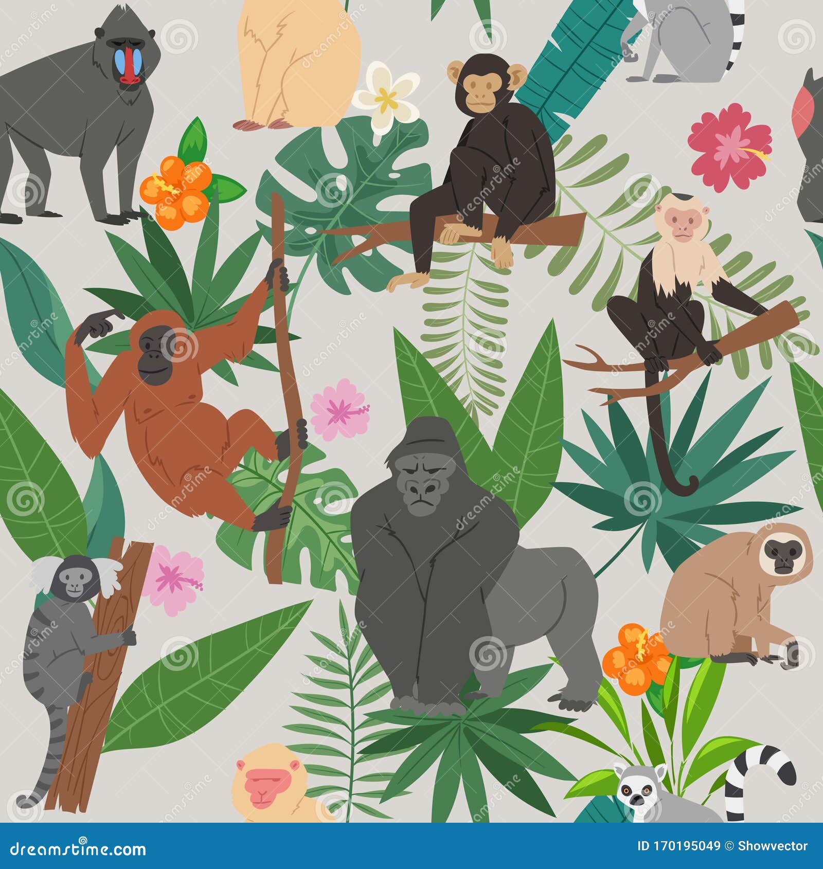 猴子和热带叶树矢量无缝模式丛林动物 棕榈叶带有异国情调的花卉背景向量例证 插画包括有设计 莲花 猴子和热带叶树矢量无缝模式丛林动物 棕榈叶带有异国情调的花卉背景向量例证 插画包括有设计 莲花