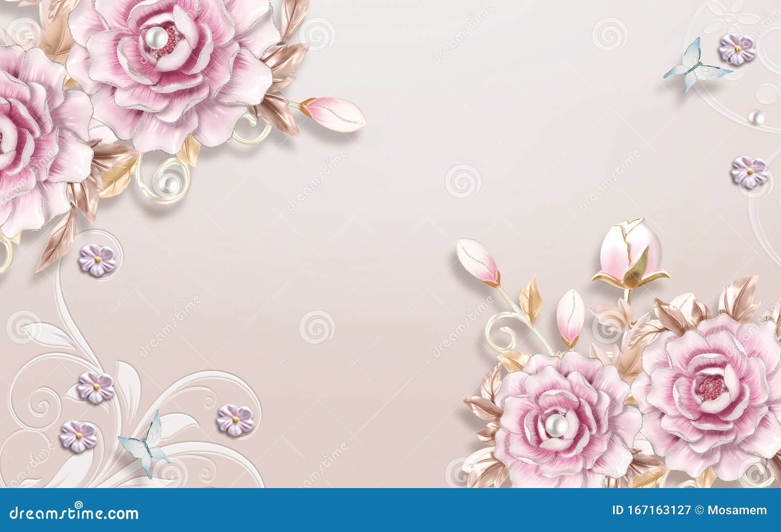 珍珠蝶的三维壁画玫瑰花壁纸浅浅背景库存例证 插画包括有内部 花束 模式 淡色 心情 例证