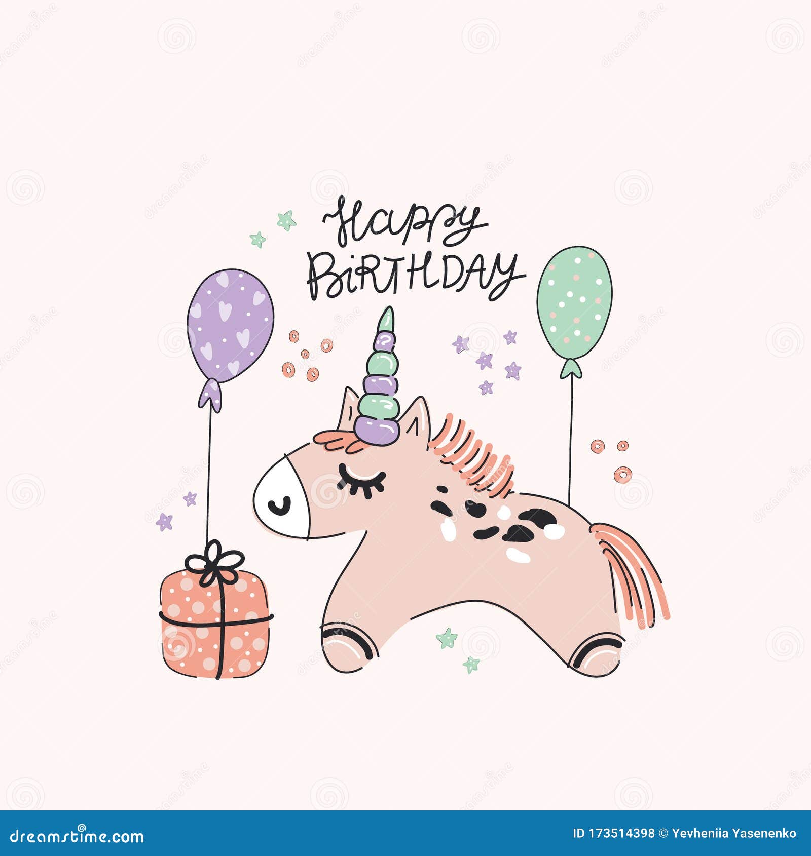 生日快乐 可爱的独角兽 带礼物和气球 手绘插图向量例证 插画包括有子项 动画片 重点 快乐