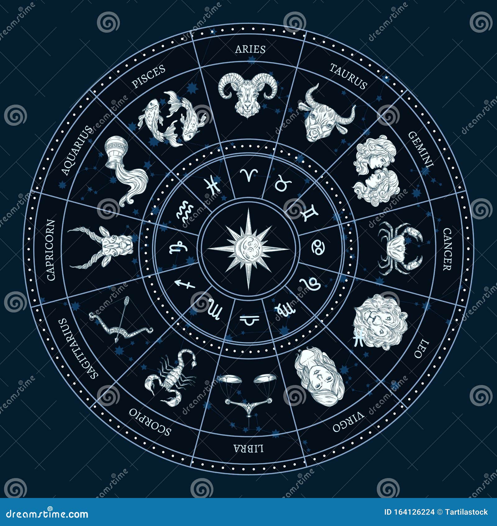 生肖圈癌症 天蝎和双鱼的圆星座金牛座 病毒座和摩羯座白羊座 里奥和射手座向量例证 插画包括有山羊座 宇宙