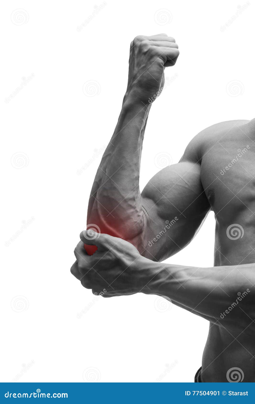 痛苦在手肘 肌肉男性身体 隔绝在与红色小点的白色背景库存图片 图片包括有
