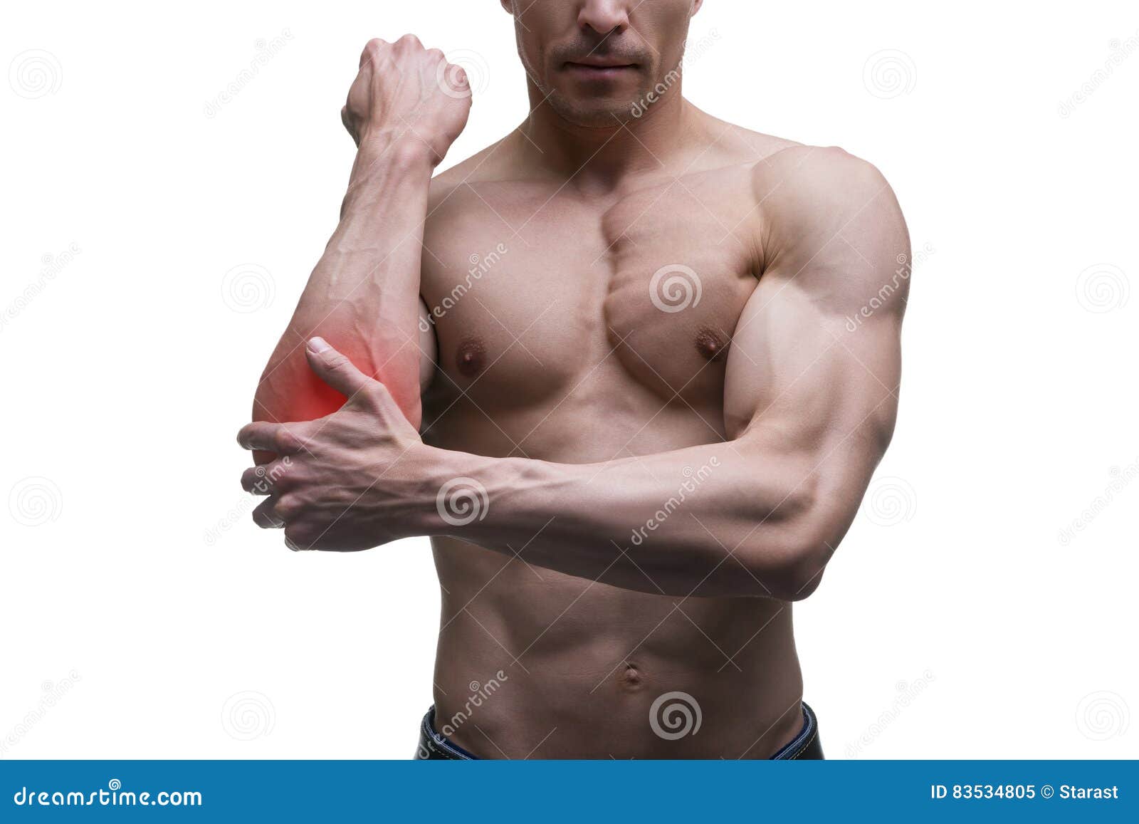 痛苦在手肘 肌肉男性身体 隔绝在白色背景库存图片 图片包括有