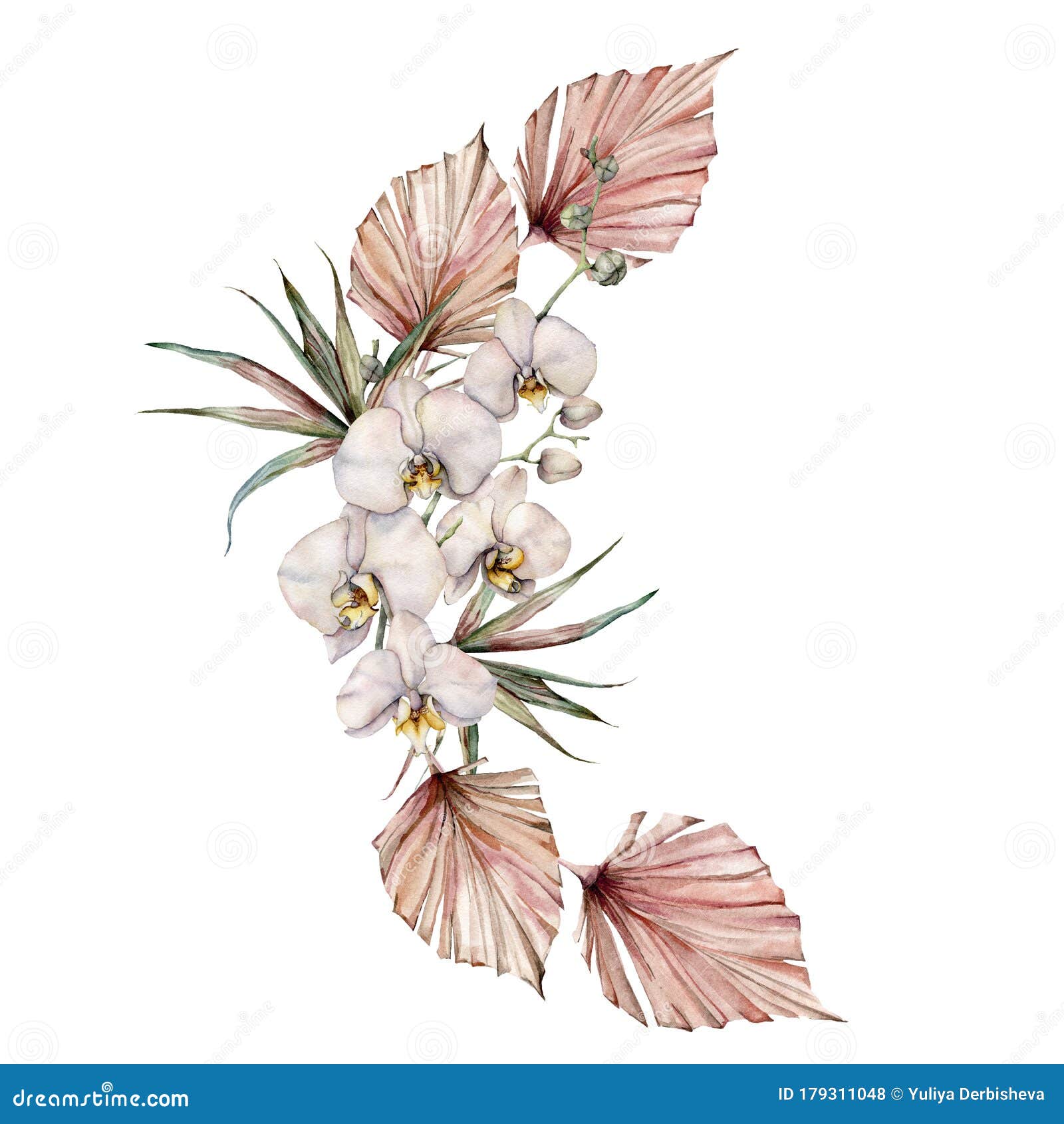 白兰棕叶水彩花环手绘花 干叶 枝热带卡库存例证 插画包括有粉红色 异乎寻常 花卉 玻色子